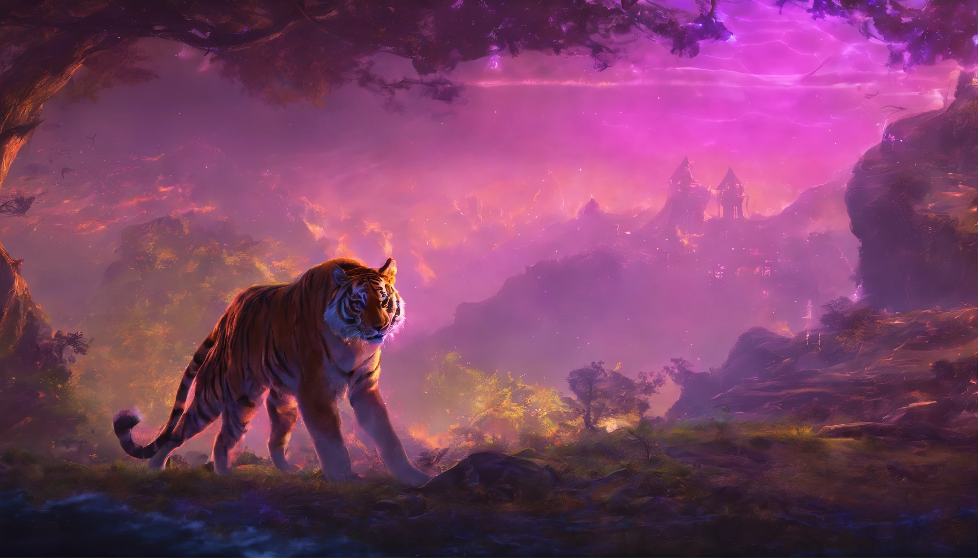 Fantasy World Saber-toothed Tiger,Emits blue-violet light,Glow effects,the night,中景 the scene is,Full body like, highly detailed surreal vfx,oc rendered,Shoot with 70 mm - AR
