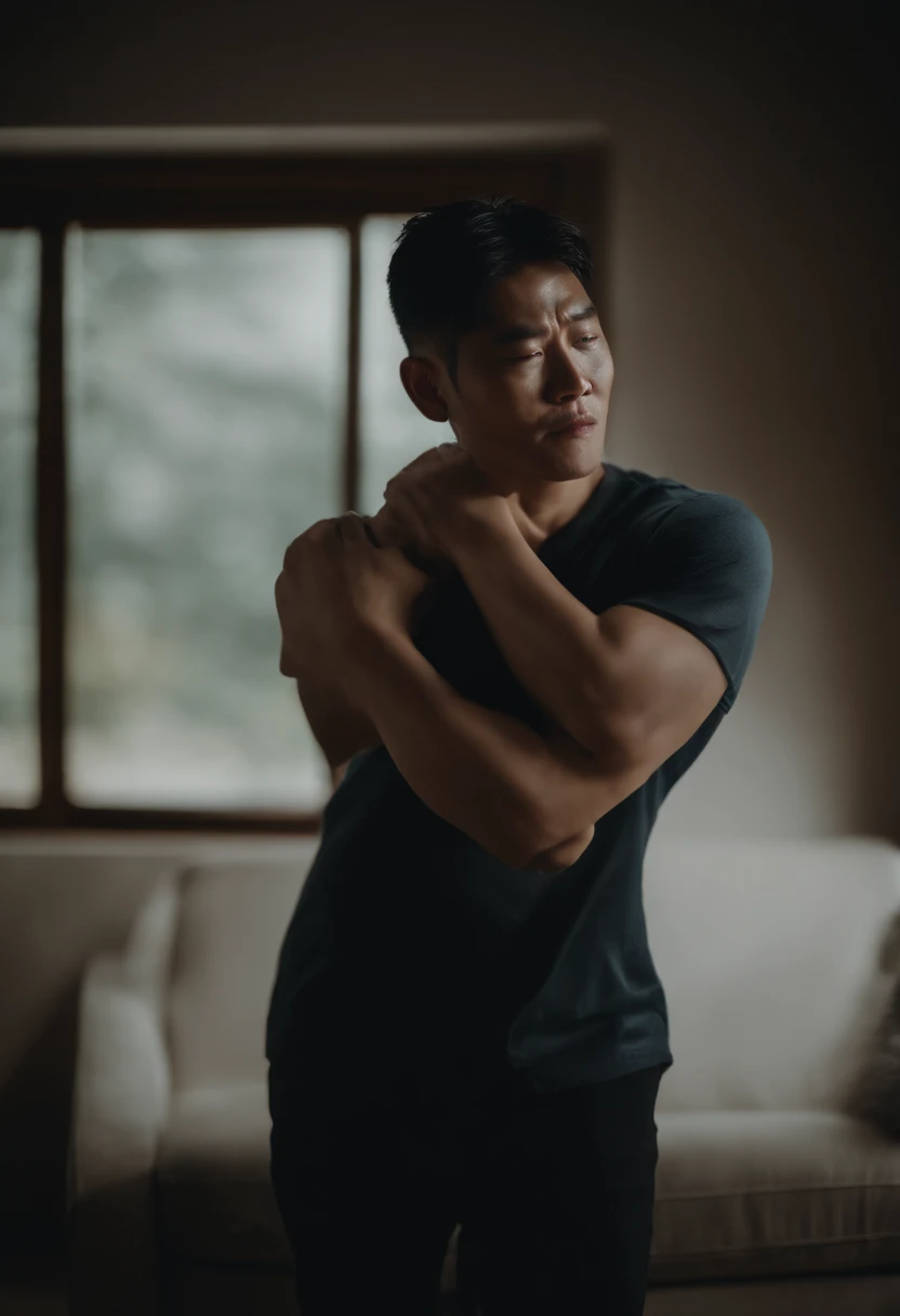 1 Asian man aged 35 regretful facial expression with body gestures