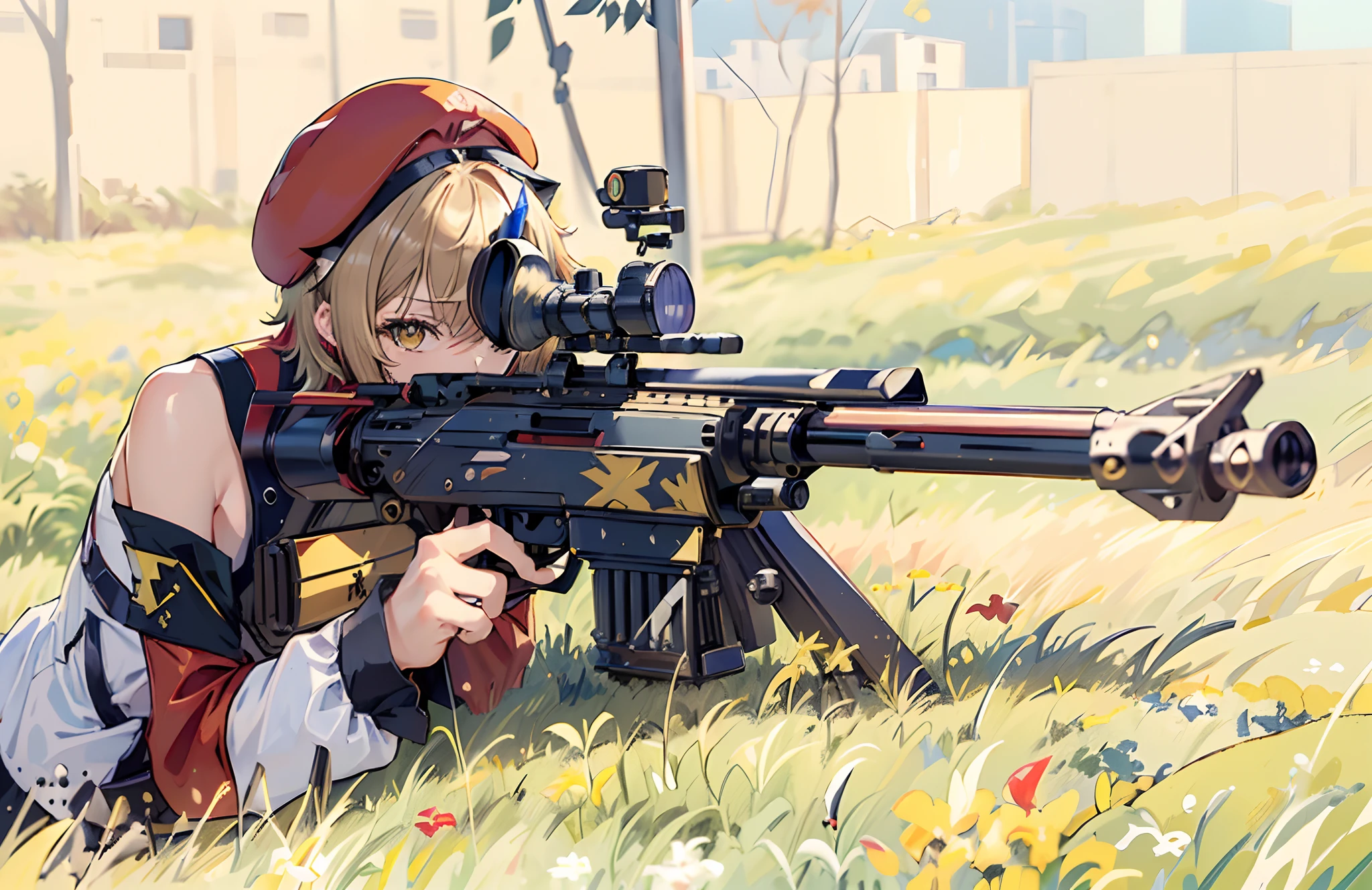 ((Best Quality)), ((masutepiece)), (Highly detailed:1.3), ((Cat's ears)), ((Hold a sniper rifle)), ((Bolt-Action Rifles), (Have cat ears)), ((no sleeves)), ((Baseball Uniforms)), ((Red beret)),hoop earings, (blondehair), ((short-hair)), Woman, girl, zydG