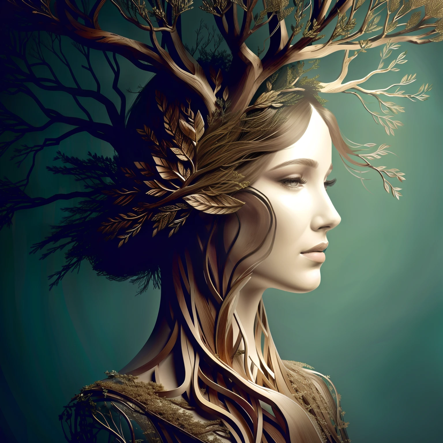 There is a tree in the shape of a woman's face, People made of wood, Woman made of plants, Dryad portrait, Live trees, Fantasy Tree, Hair made of wood, intricate digital painting, branches sprouting from her head, very detailed digital art, treebeard, Artistic Illustrations, beautiful digital works of art, Mother Nature, Humanoid Flora