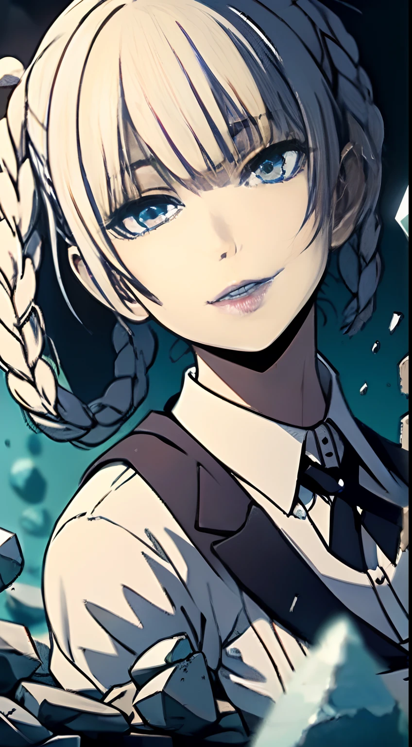 ((Best Quality, 8K, masutepiece:1.3, 1 girl, Beautiful Girl, hight resolution)), Cute, Dynamism, Detailed face, Detailed skin, Detailed eyes, Detailed lips, Detailed fingers, Detailed mouth, Photorealistic, Raw photo, Natural lighting, Dynamic Pose, Perfect Anatomy, Round buttocks, Round eyes, moist lips, (boulders:1.5, Earth, Floating rocks:1.5, Rock background), Looking at Viewer, Short hair, (Yellow hair), Bangs, Hair made of rocks, Body made of rock, Dresses made of rocks, detailed dress, Lighting, Goddess, light Particle, Shining Rocks, paper cut, Illustration, Portrait, Fairy tale, Detach Lock Sleeve, Long sleeves, A cape made of rocks, Spirit, Girl made of rocks, She is manipulating rocks, japanaese girl, skyporn, close up, Hair ornaments, Accessories, Smile, Upper body, thunder, Armpits, Muscular woman
