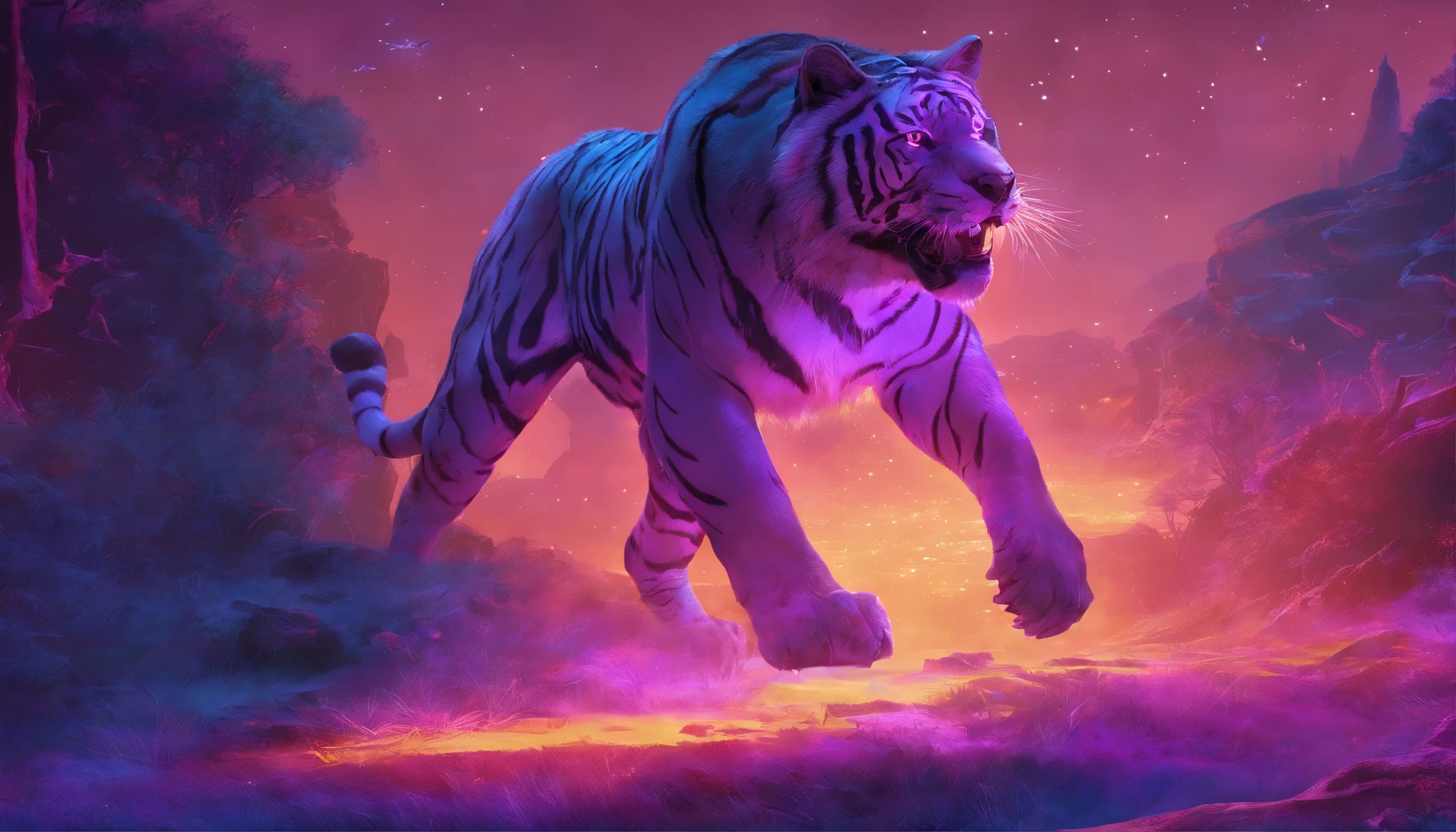 Fantasy World Saber-toothed Tiger,Emits blue-violet light,Glow effects,the night,中景 the scene is,Full body like, highly detailed surreal vfx,oc rendered,Shoot with 70 mm - AR
