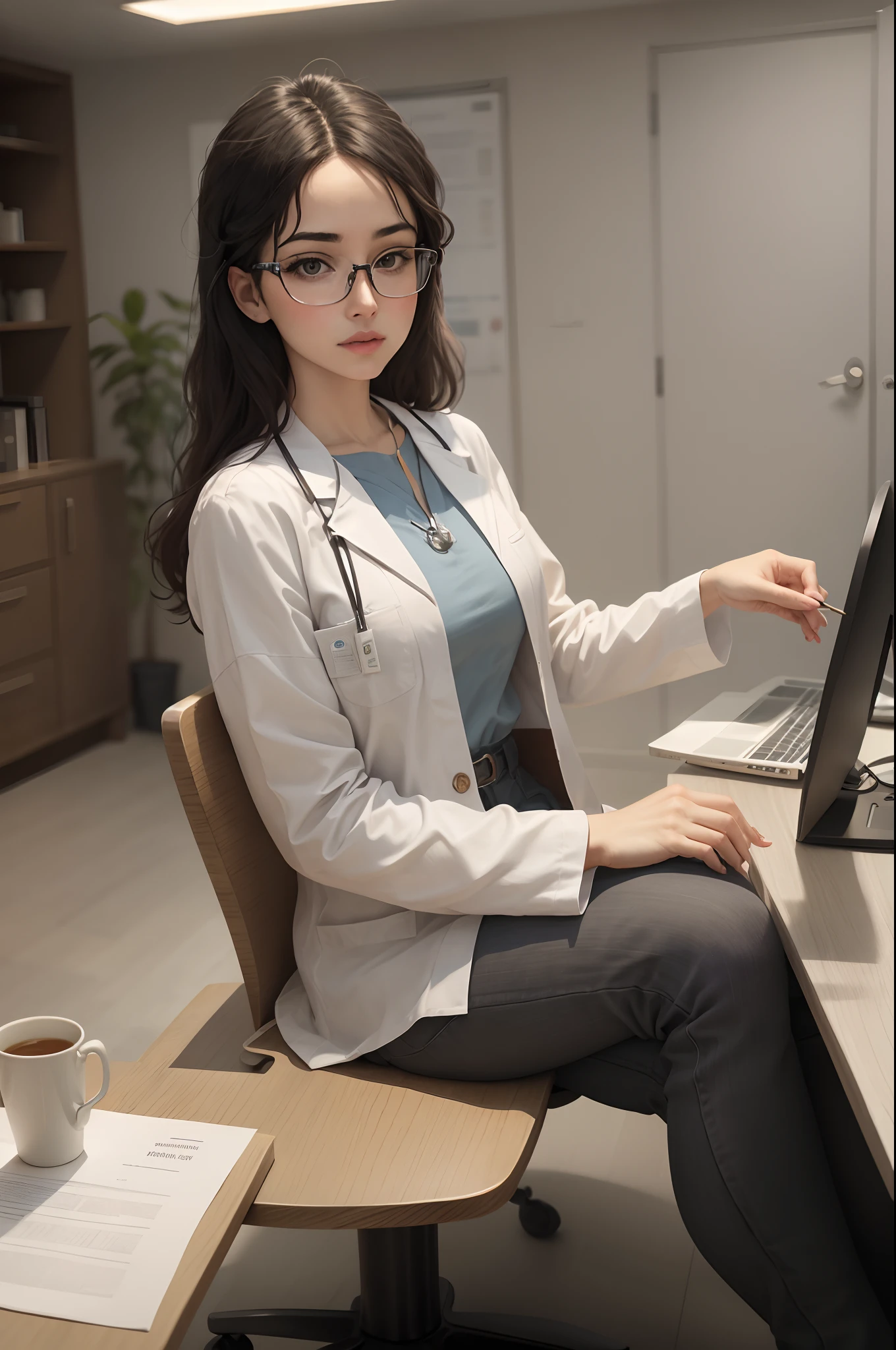 a doctor, Sitting at the table, of a beautiful office, ao fundo, uma placa na cor branca, she with glasses, olhos castanhos, Your clothing is suitable for medical use