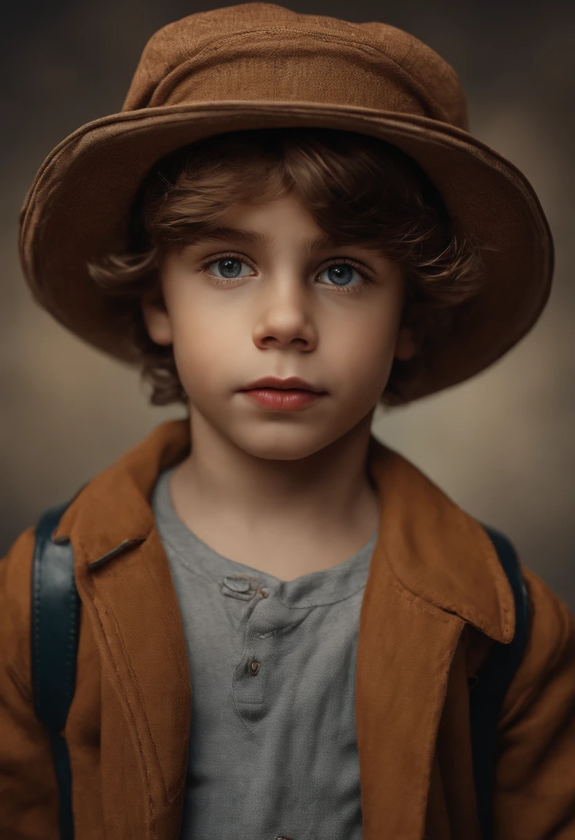 There is a boy wearing a hat and a purse, um retrato do personagem por Daniel Seghers, trend in cg society, arte digital, bonito, lindo modelo jovem, Personagem pequeno. Motor Unreal 5, foto retrato suave 8 k, caracter with brown hat, cara perfeita e meninoting digital adorable, retrato bonito, menino novo,o com rosto n