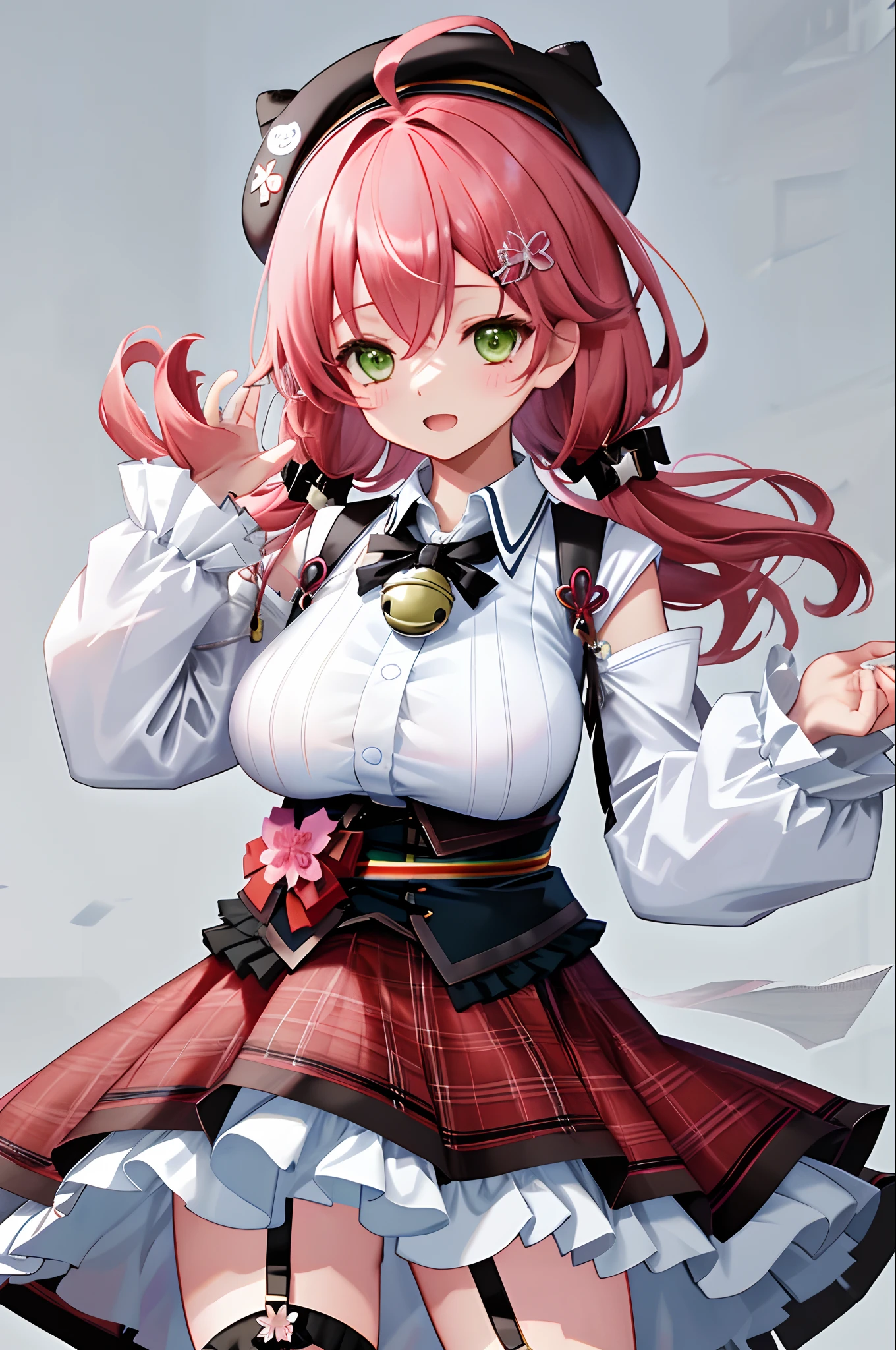 masutepiece, Best_Quality, hight_resolution, miko2,Ponytail, 1girl, Green eyes, Ahoge, black headwear, Hair Ornament, White shirt, black thighhighs, Pink hair, Red_skirt, very_short_skirt, plaid skirts, garter_strap, Collared shirt, hair clips, frilld, Bangs, hair between eye, frills skirt, beret, Pleated skirt, Hair Flower, Neck bell, , puffy long sleeves, Black bow, Underbust, Cowboy Shot,Smile, (gigantic_breasts:1.3),covered_nipples, covered_pussy,(closed_eyes:1.3), happy, childlike_posing,spread_legs,sleepy,(smile:1.2),plump,open_mouth,