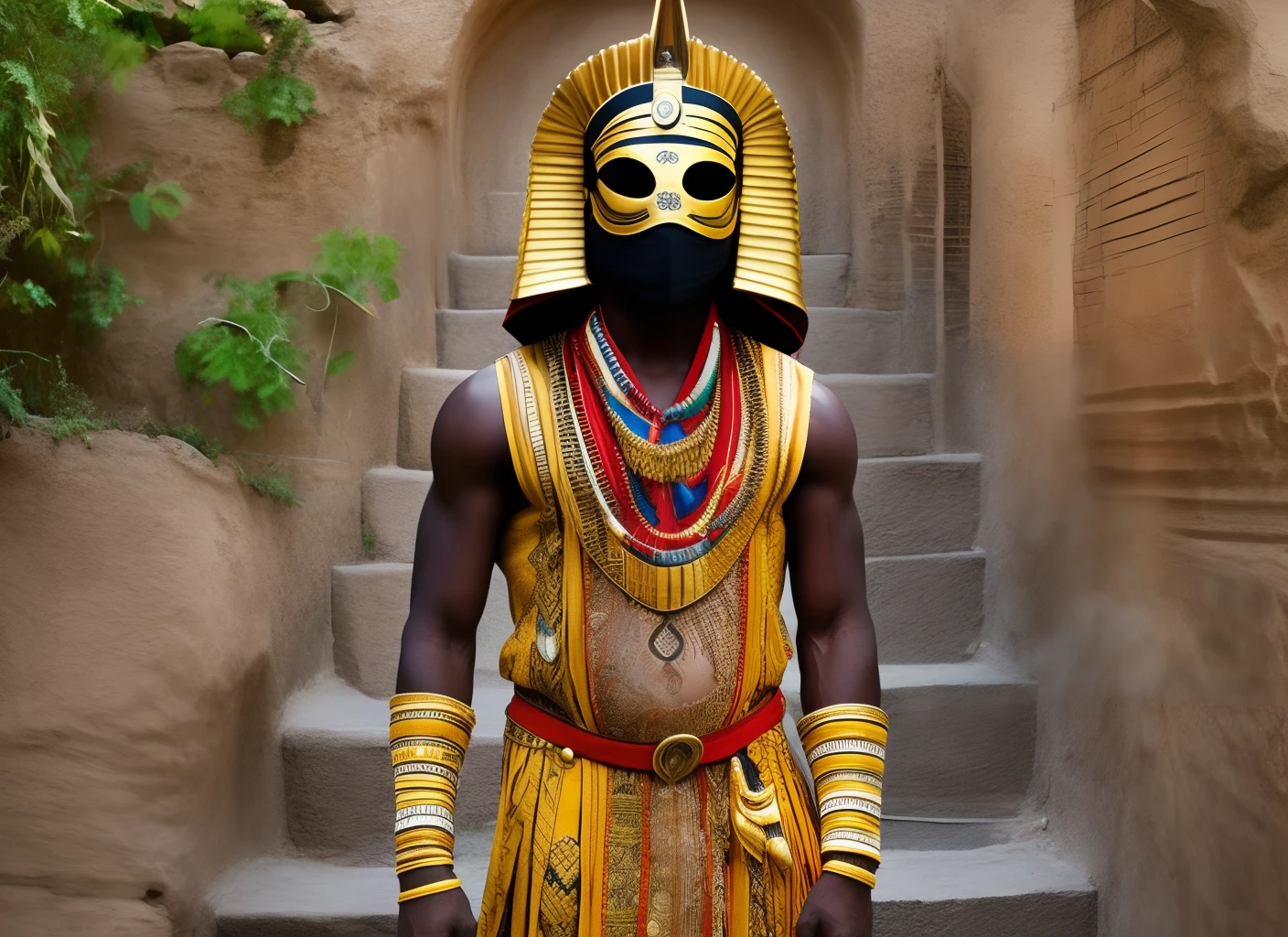 (((Realstic))) African male personagen in dark raditional dress with a wizard's staff and wearing a sphinx mask reinforces the mysterious --auto --s2