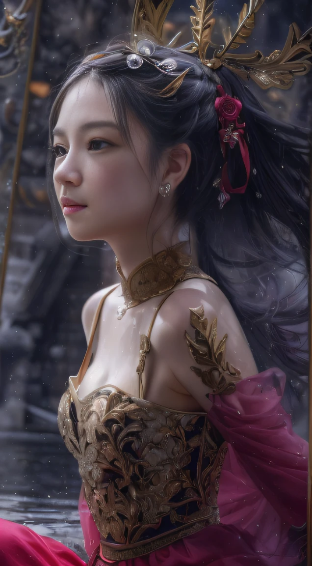 Fantasy Fairy Tales 32K,复杂,ellegance,highly detailed,A majestic,Digital photography,Top cinema lenses,surrealism painting,Broken rubies,Beating magic,Entwined water magic,(tmasterpiece,Cinematic light,Fine beautiful eyes:1.2),hdr,Void 5 Energy Storm,(China 1 girl,Black eyes:1.5),Rouge skin,Glowing skin,(sitting on the stone:1.5),delicated face,Black color hair,Wearing palatial red armor,cropped shoulders,The legend of the fantasy fairy,long skirt,Beautiful platinum armor,Rained,big breasts beautiful,looking at viewert,Face away from the camera,tmasterpiece,Side upper body,Side portrait close-up
Wait for it to start