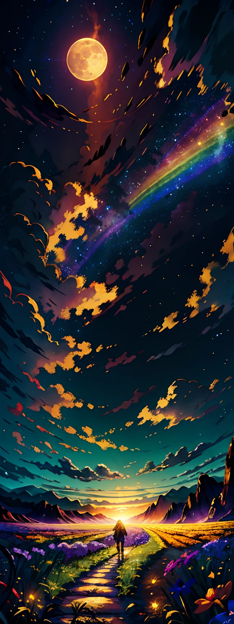A wide landscape photo, (viewed from below, the sky is above, and the open field is below), a girl standing on a flower field looking up, (full moon: 1.2), (meteor: 0.9), (nebula: 1.3), distant mountains , Trees BREAK Crafting Art, (Warm Light: 1.2), (Firefly: 1.2), Lights, Lots of Purple and Orange, Intricate Details, Volumetric Lighting BREAK (Masterpiece: 1.2), (Best Quality), 4k, Ultra Detailed, (Dynamic Composition: 1.4), Rich in Detail and Color, (Rainbow Color: 1.2), (Glow, Atmospheric Lighting), Dreamy, Magical, (Solo: 1.2)
