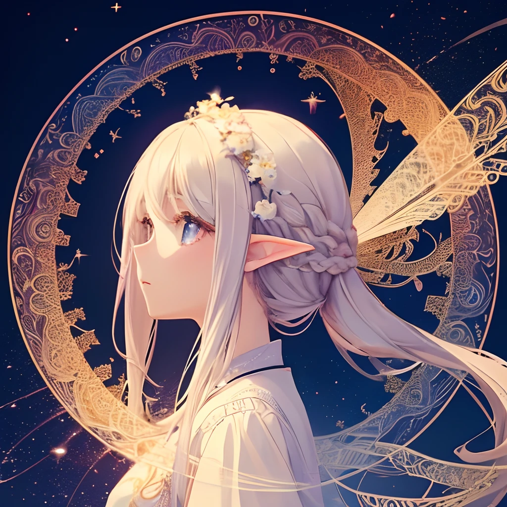 1 beautiful girl、(masterpiece、top-quality、top-quality、Beautifully Aesthetic:1.2)、(1girl in:1.3)、(Fractal Art:1.3)、Clothing of the near future、Round Detail Frame、Fluttering hair、Background of the near future、Sparkling eyes、elvish、Dynamic、profile