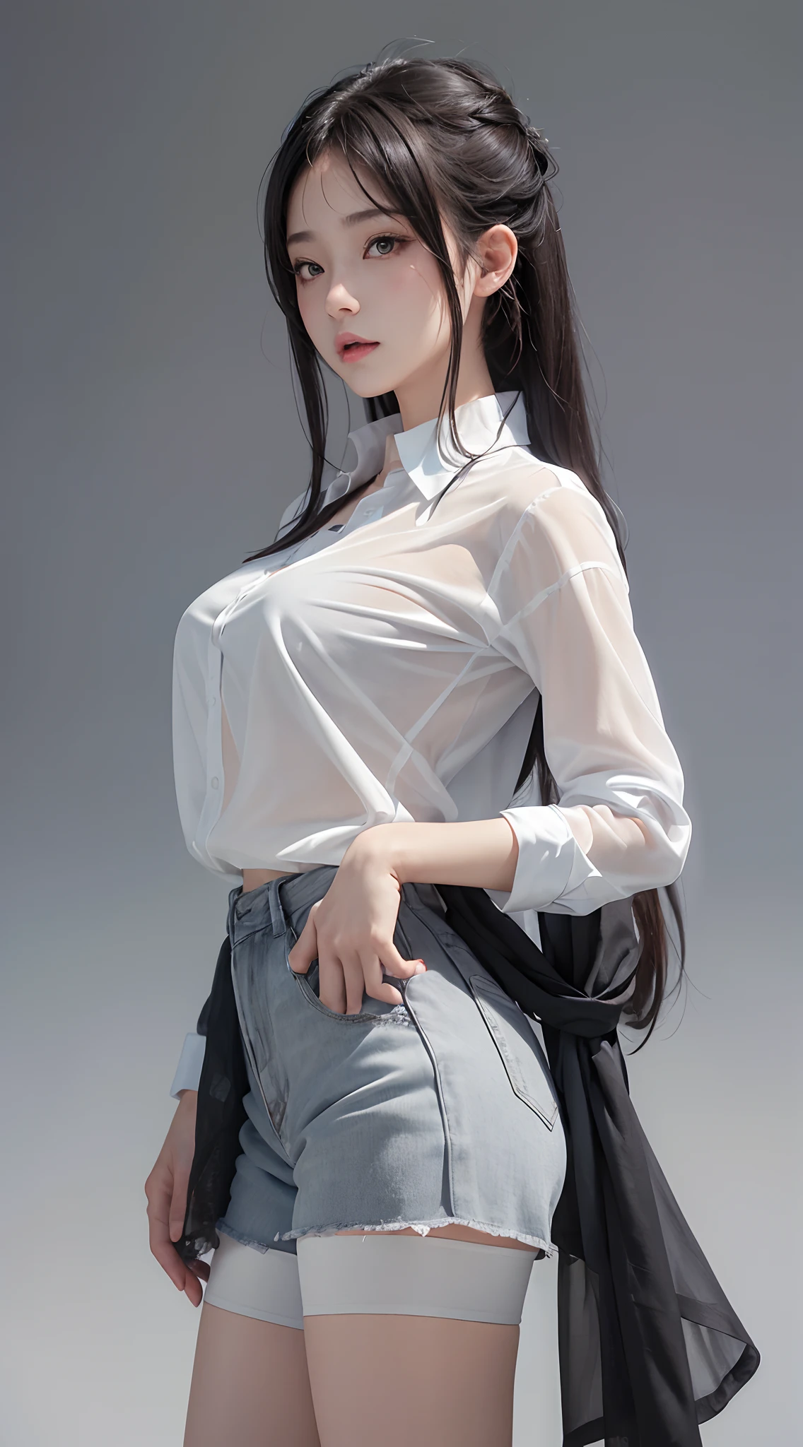 ((masterpiece)), (best quality), (detailed), (1girl), mizuryu,see-through silhouette,standing, white shirt, cowboy shot, grey background, oversized shirt,