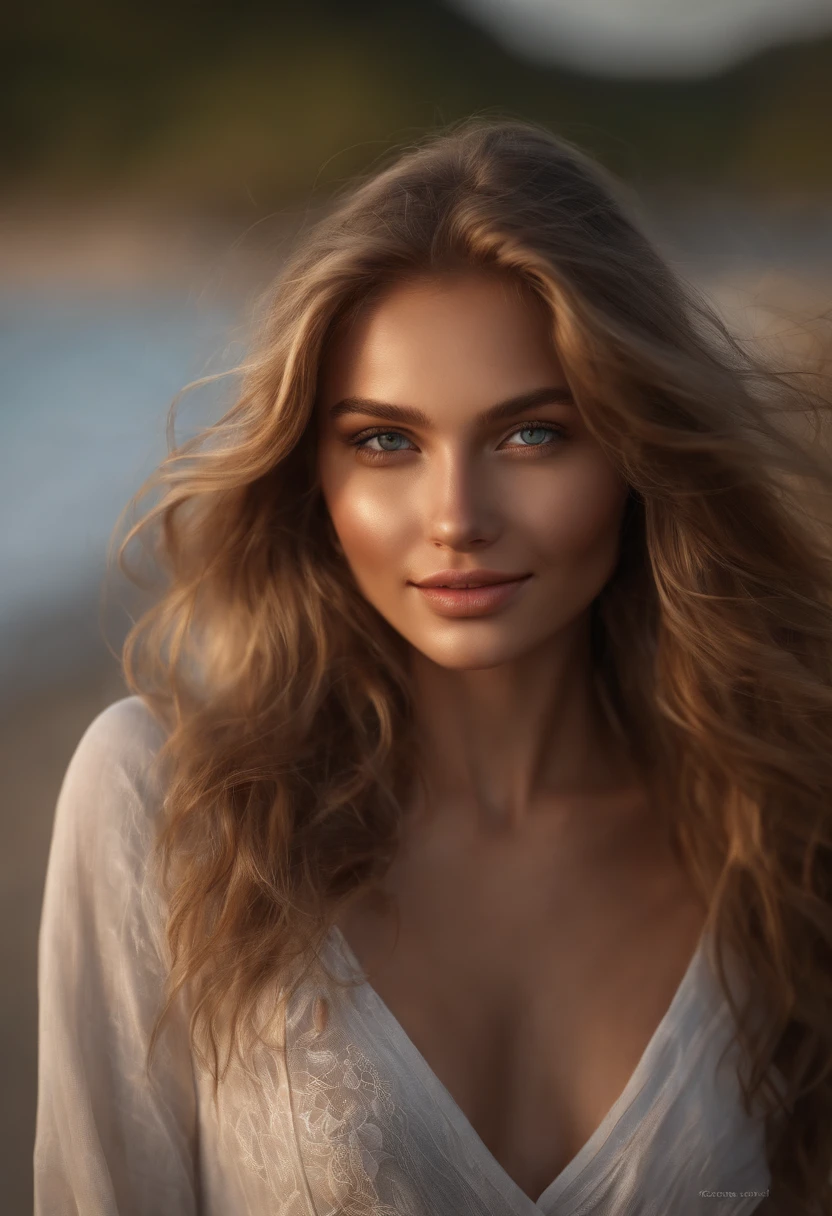 Cinematic soft lighting illuminates a stunningly detailed and ultra-realistic beautiful Ukrainian supermodel, 21 years old, beach look, long messy windy dark blonde hair, clear green eyes, captivating perfect smile, sensual, hot woman, gorgeous, that is trending on ArtStation. Octane is the perfect tool to capture the softest details of this 16k photography masterpiece.