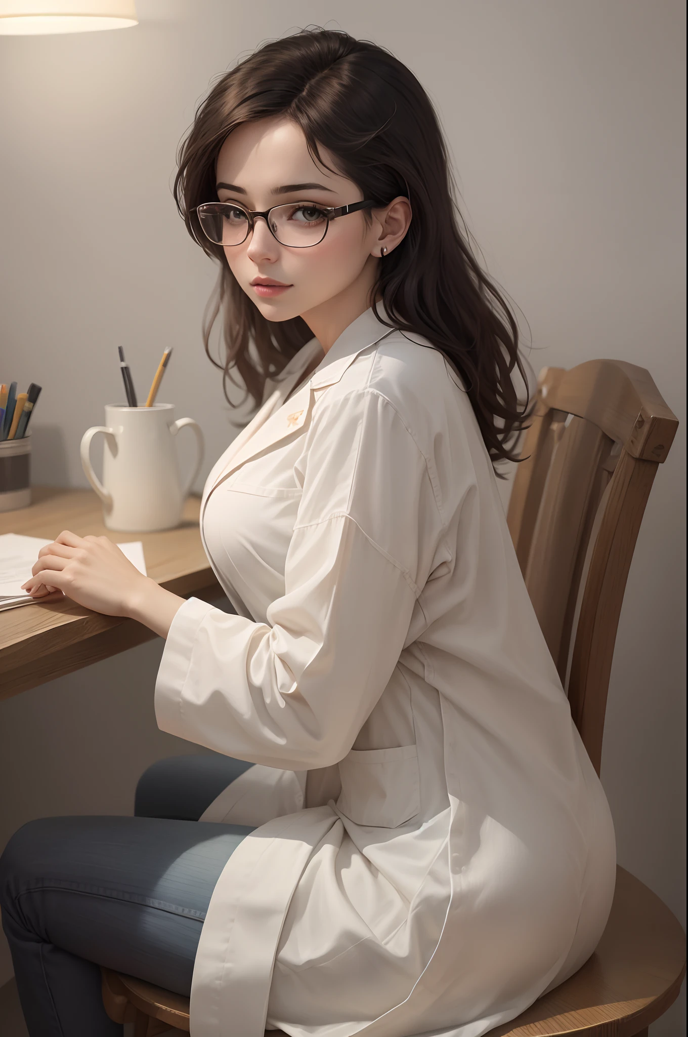 a doctor, Sitting at the table, of a beautiful office, ao fundo, uma placa na cor branca, she with glasses, olhos castanhos, Your clothing is suitable for medical use