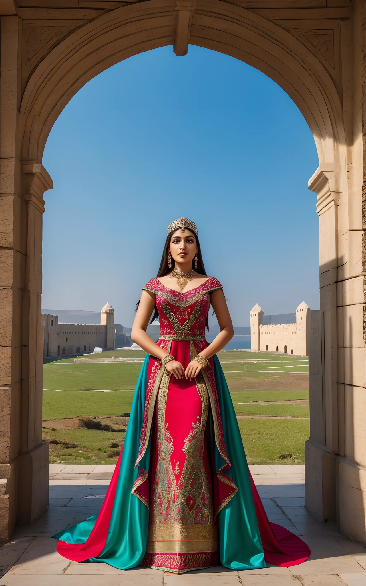 "Visualize Azerbaijan as a majestic goddess, her attire inspired by the colors and symbols of the Azerbaijani flag, which include blue, red, and green, along with a white crescent and eight-pointed star. Craft her with an air of strength and cultural significance, perhaps incorporating elements like fire or the iconic Maiden Tower into her gown. Place her against a backdrop that showcases Azerbaijan's rich history and stunning landscapes, creating a powerful and beautiful portrait."