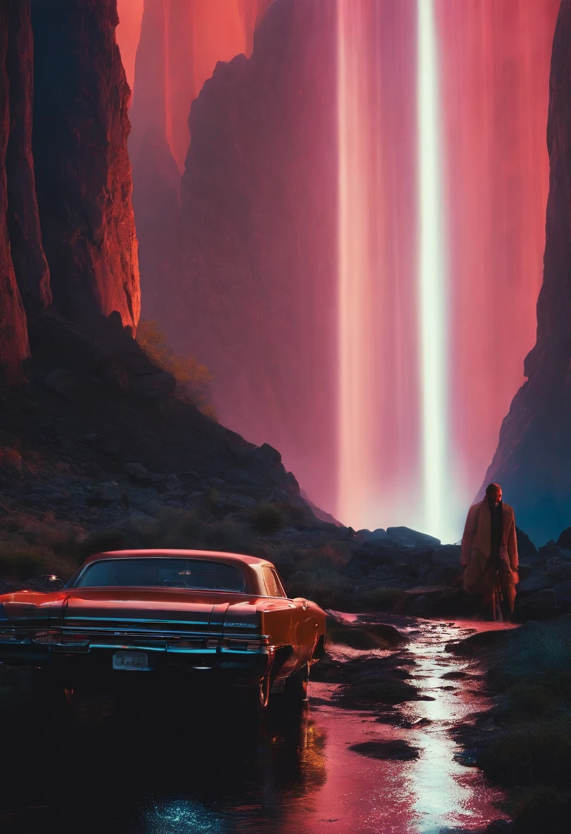 Produce a neon punk-style masterpiece with a lush waterfall illuminated by bioluminescent glow. Prioritize the neon color palette and textures to give the image a bold, futuristic vibe. Make the viewer feel like they've entered a surreal, punk-infused natural wonderland. Artists: Syd Mead (for futuristic aesthetics), Richard Phillips (for vibrant pop art influence)