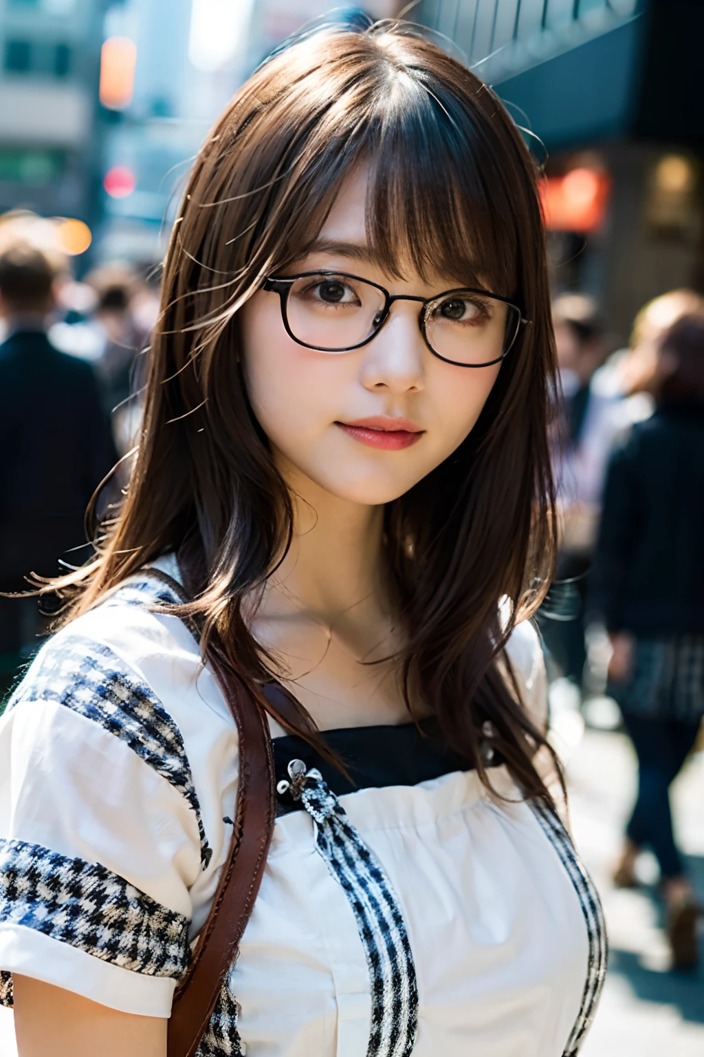 (8K、Raw photography、top-quality、​masterpiece:1.2)、(realisitic、Photorealsitic:1.37)、ultra-detailliert、超A high resolution、女の子 1 人、29yo、see the beholder、beautifull detailed face、Smile、Constriction、(Slim waist) :1.3)、Beautiful detailed skin、Skin Texture、well-shaped breasts、Floating hair、(Gingham plaid clothing:1.4)、Professional Lighting、Autumn afternoon、In the street、(((Black square glasses )))、the whole、brown haired、((Shameful appearance))、