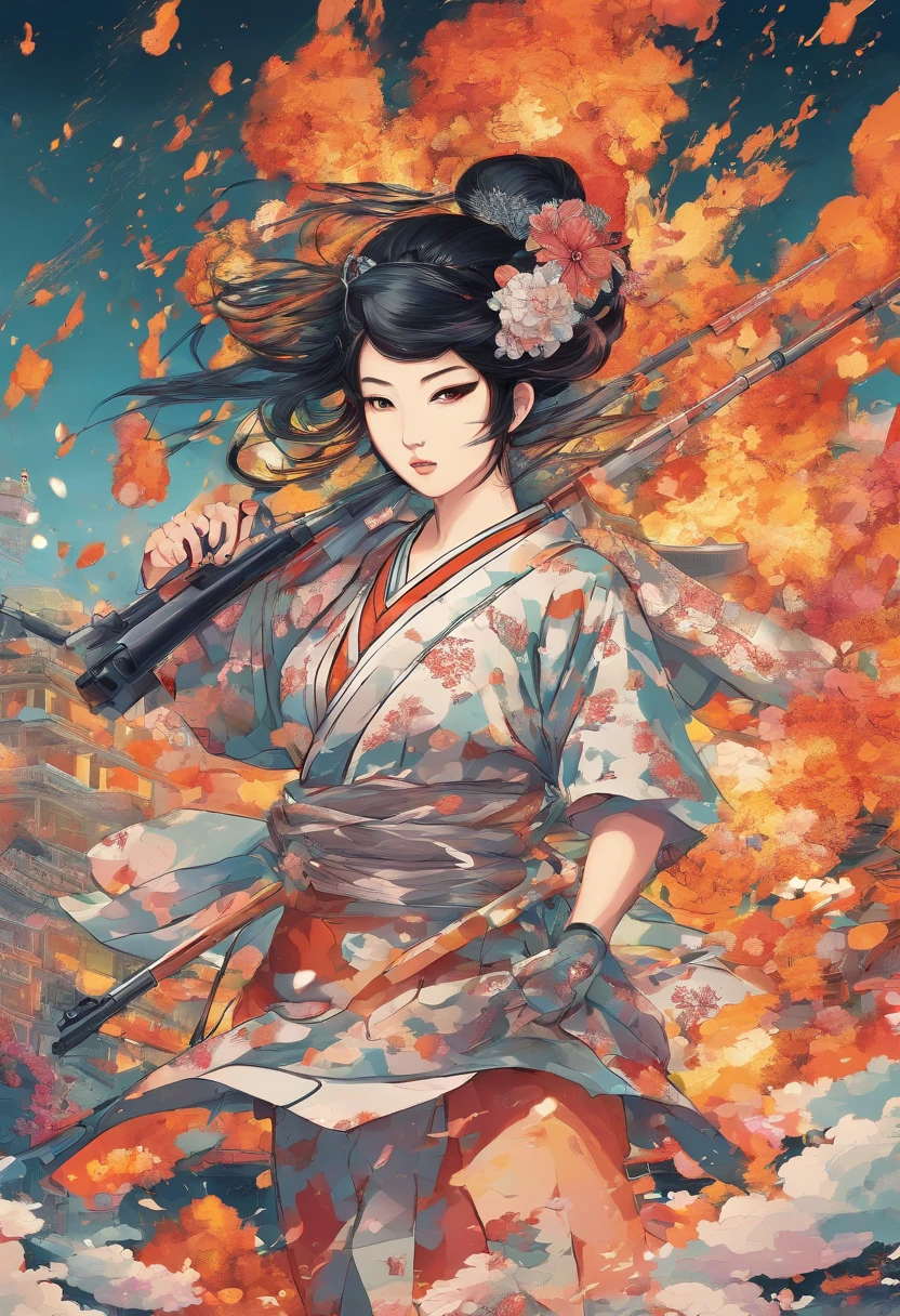 traditional japanese sniper geisha causaly nonchalant strut through lots of bullet wizing by and massive large explosion