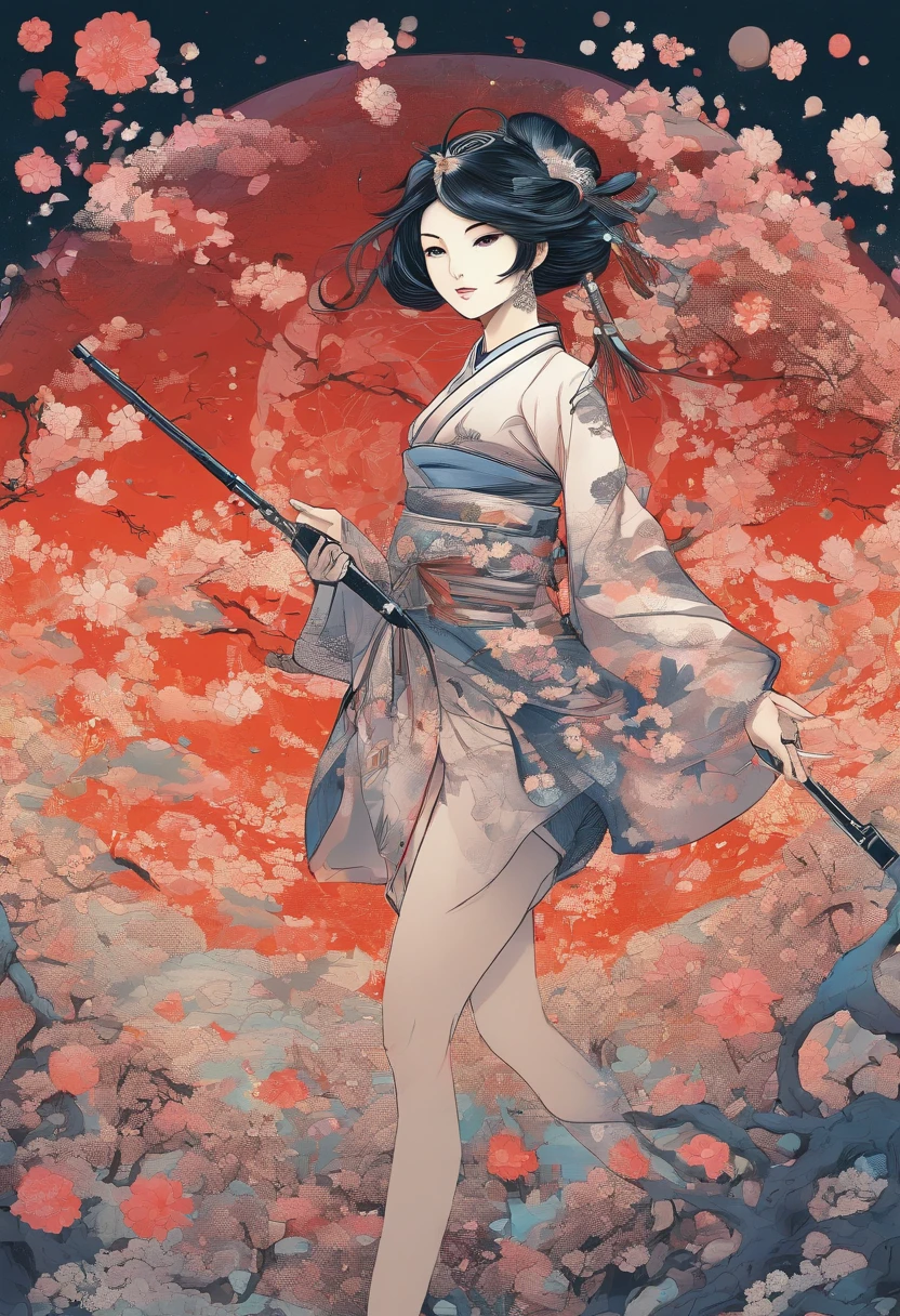 traditional japanese sniper geisha causaly nonchalant strut through lots of bullet wizing by and massive large explosion