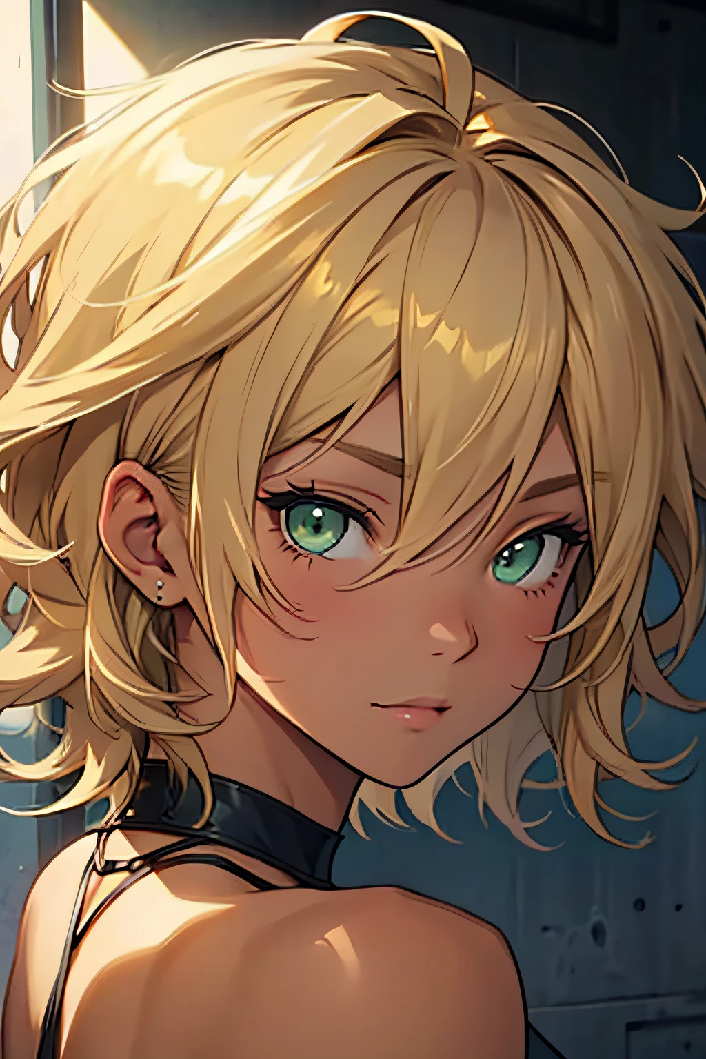 female, 1 girl, eye color Hazel:, Skin color: Dark tan, Hair Color: Dirty Blonde, Hair Style: Wavy Short, color base: Yellow and green,