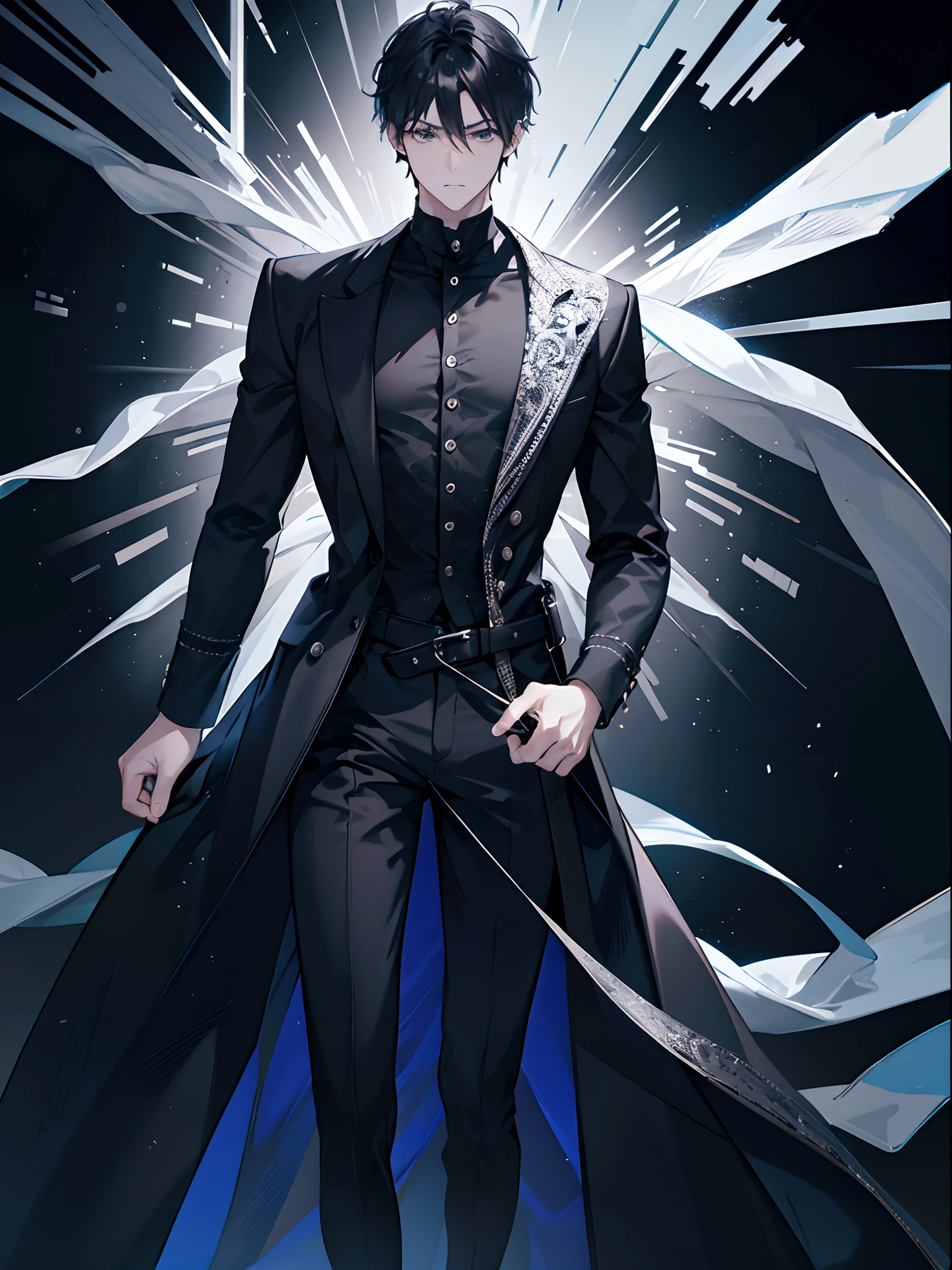 1 male human、Adults、tall muscular man、[[facing front]]、(hight resolution、ultra-detailliert)、 [[[[[Simple background]]]]], [[[[[from waist up]]]]],black backgrounds、Black shirt、Y shirt、[[[Standing picture]]], frontage、broad shoulder、[[[[[30-years old]]]]],Cold expression, Black eyes, White skin, Shirt、Black_Panties,dark-colored hair、