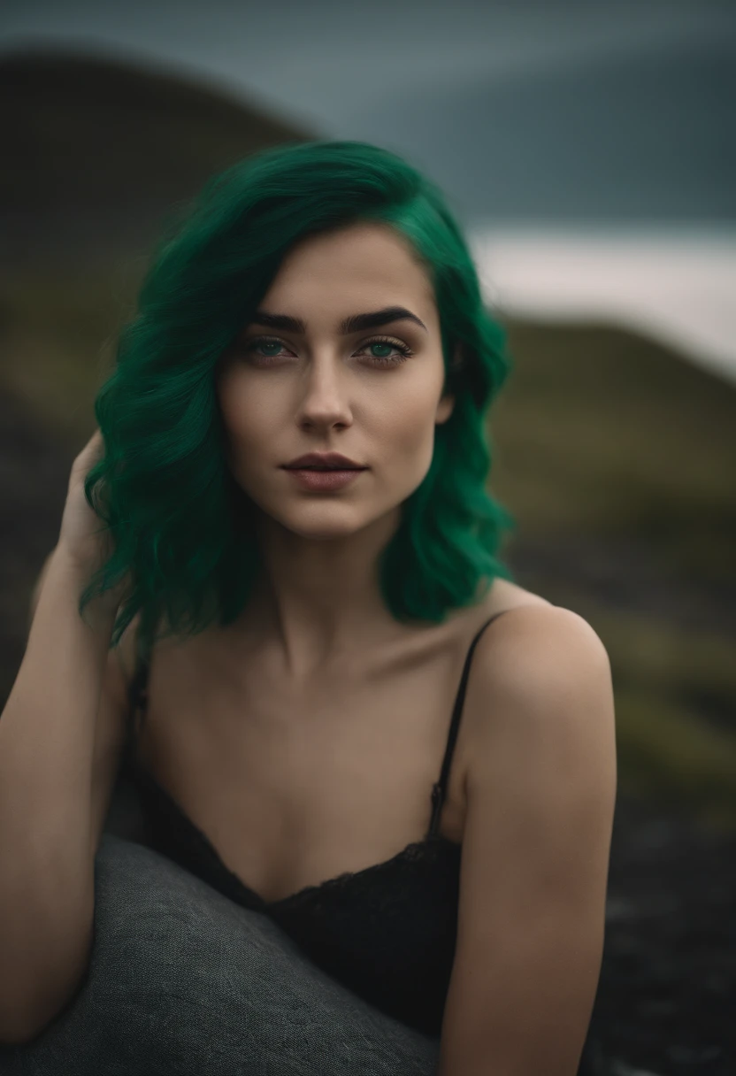 Dilara, the 21-year-old icelandic girl with emerald green hair flowing in the wind, she has a cute oval face, nude photoshoot