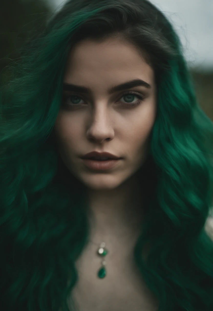 Dilara, the 21-year-old icelandic girl with emerald green hair flowing in the wind, she has a cute oval face, nude photoshoot