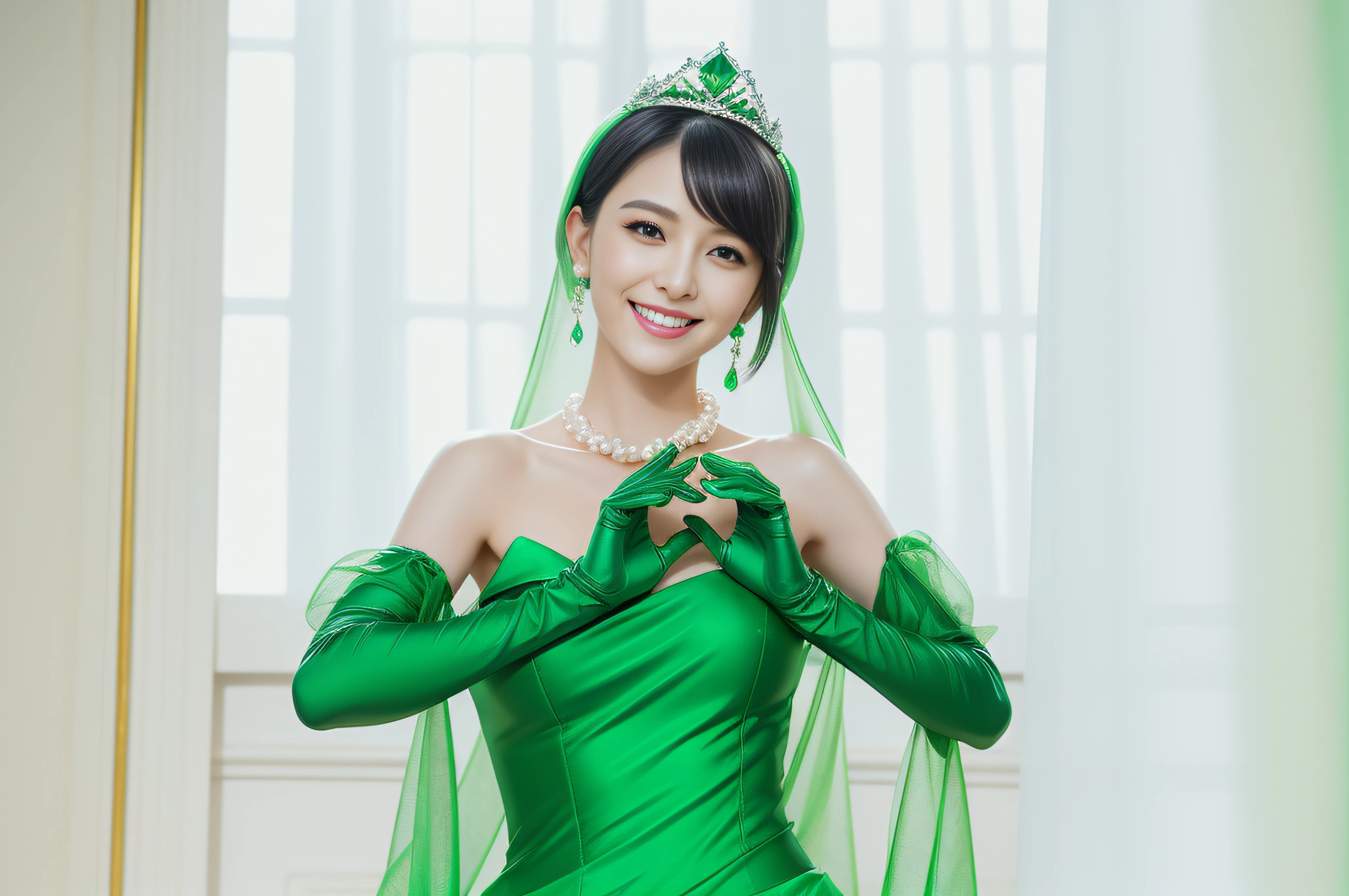 emerald tiara, Green Pearl Necklace, Boyish very short black hair, lipsticks, Japan woman smiling, very short short hair, big breasts beautiful, Green eyes, Long green gloves made of satin material, Green eyes, Emerald Earrings, Green dress