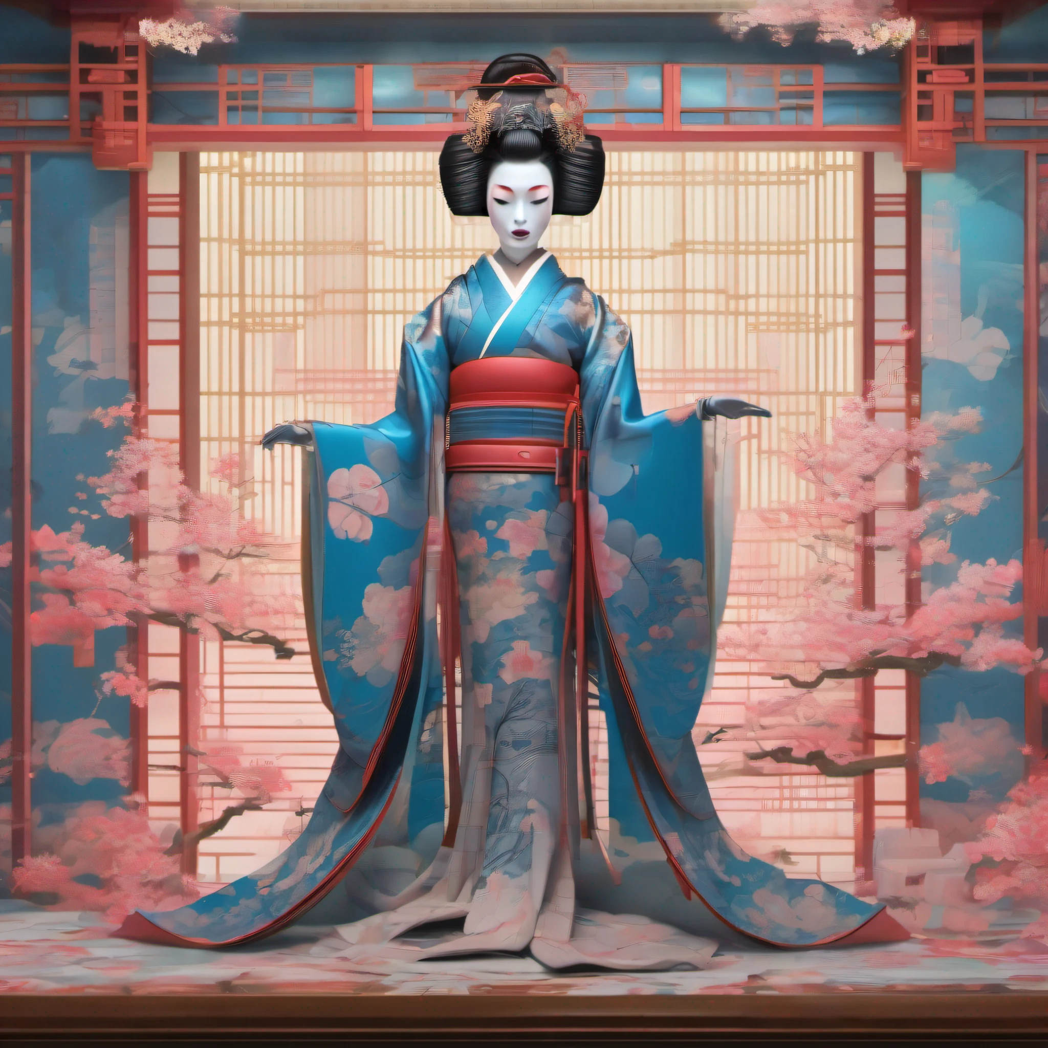 Fill with more forest in the style of the imageIn a world where tradition meets the future, a realistic & detailed portrayal of a Geisha Robot gracefully adorns a futuristic Japanese shrine, surrounded by ornate architectural details and vibrant hues of cerulean blue, blush pink, and golden accents. The Geisha Robot elegantly performs a traditional dance, its robotic movements juxtaposing with the delicate grace of a human geisha. The composition captures the harmonious blend of old and new, inviting viewers to immerse themselves in the beauty of Japanese culture reimagined for the technological age.