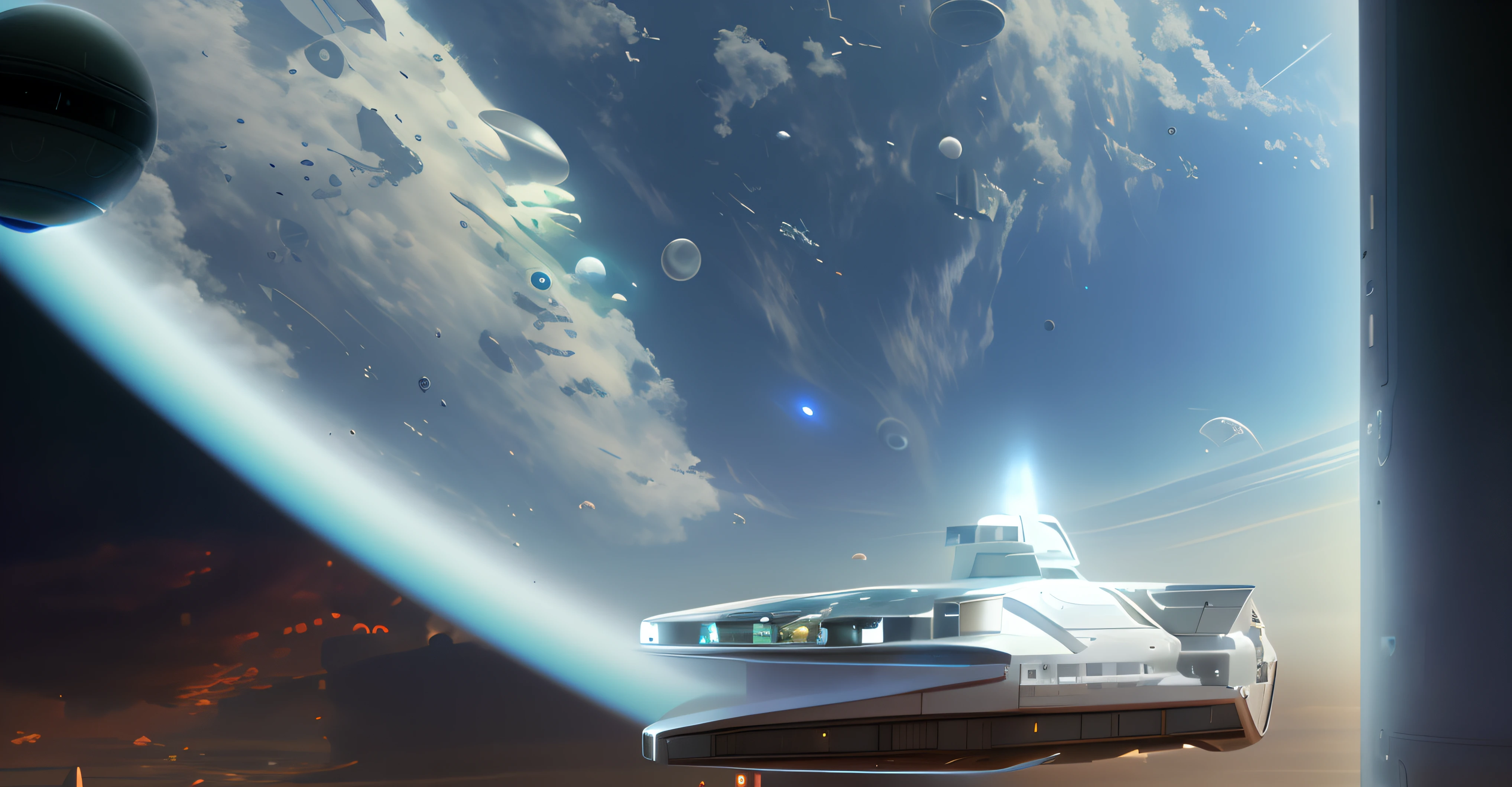 spaceship flying over a planet with a large object in the background, utopian space ship, solarpunk space ship, spaceship in background, spaceship design, high tech spaceships, science fiction spacecraft, space ship in the background, space ship, spaceship, space ship above an island, space ship in space, space sci - fi, megastructure in the background