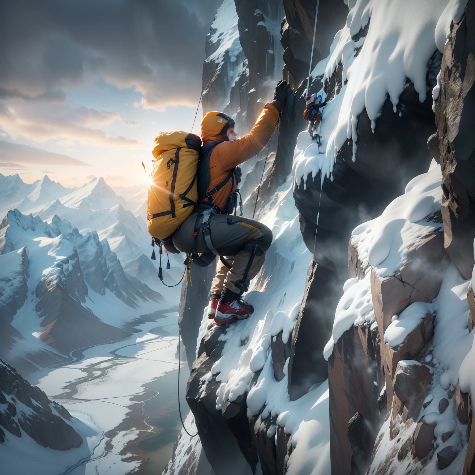 (Best quality,4K,8K,A high resolution,Masterpiece:1.2),Ultra-detailed,(Realistic,Photorealistic,photo-realistic:1.37),mountaineer, Snow-capped mountains, snow covered, Towering black rocks on the landscape, Close-up of a person's upper body in a snowstorm, Climbers about to reach the top, Hanging from a cliff with a rope, Close-up of people, Vast snow-capped mountains in the background, River with sunset, Cast a golden light on the climbers, Composition with guide lines