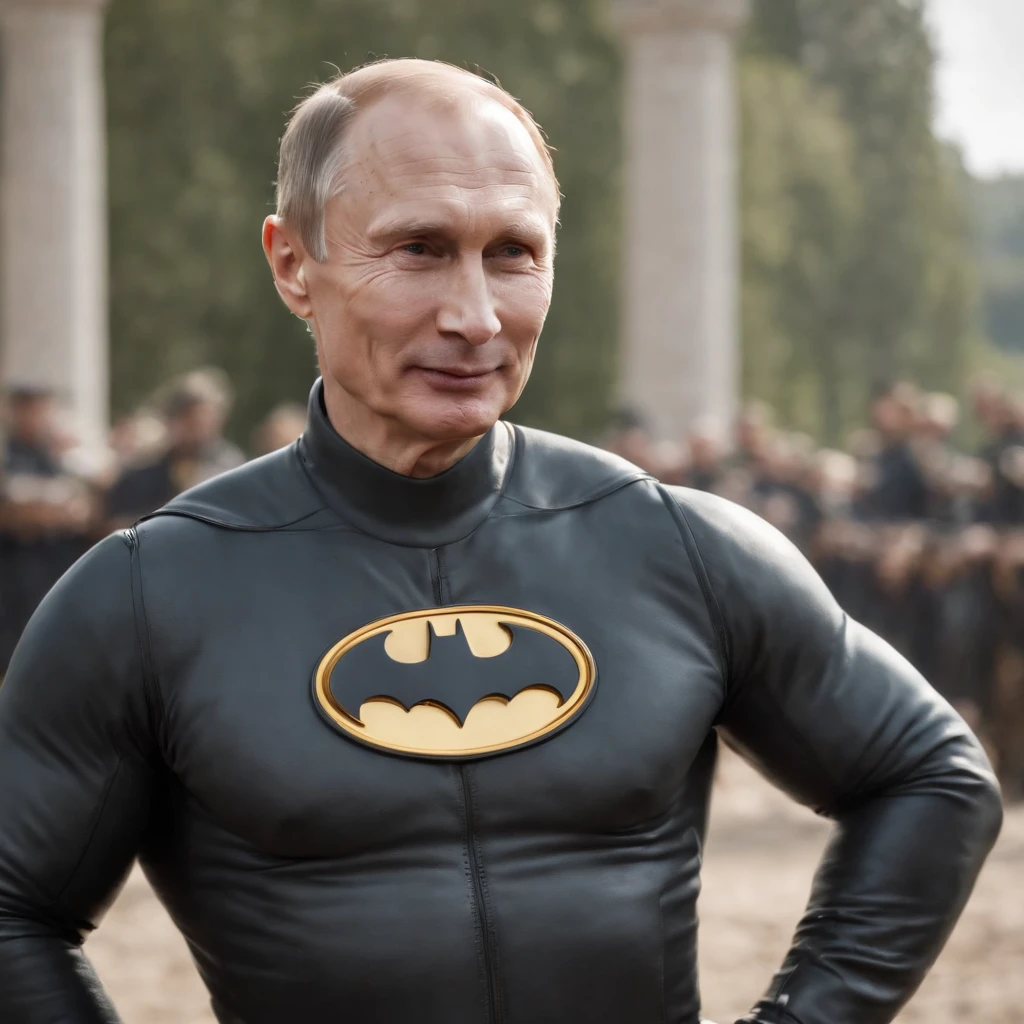 valadimir putin, 63-year-old,2022, Oldman, bald, without hair, smiling face, muscle, wear a batman costume Take off your mask, (Full-body image.) G