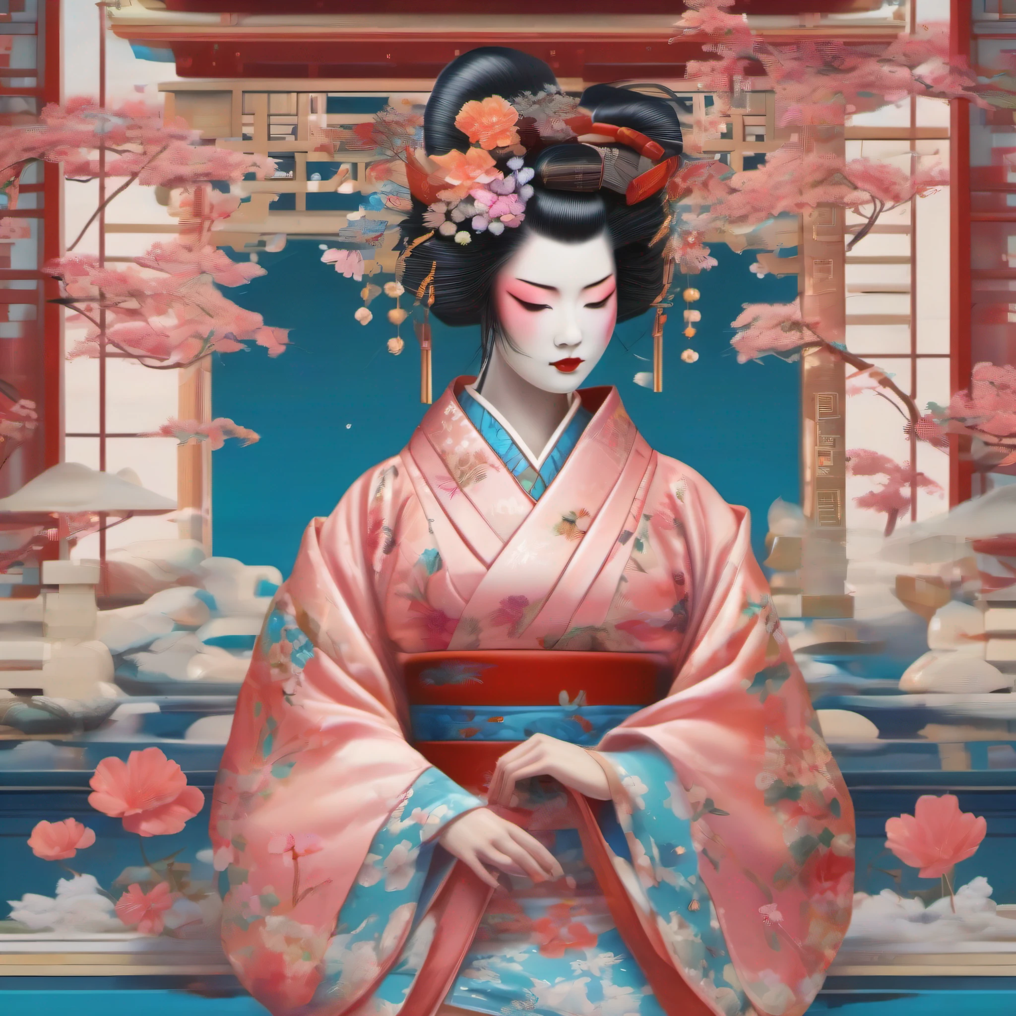 Fill with more forest in the style of the imageIn a world where tradition meets the future, a realistic & detailed portrayal of a Geisha Robot gracefully adorns a futuristic Japanese shrine, surrounded by ornate architectural details and vibrant hues of cerulean blue, blush pink, and golden accents. The Geisha Robot elegantly performs a traditional dance, its robotic movements juxtaposing with the delicate grace of a human geisha. The composition captures the harmonious blend of old and new, inviting viewers to immerse themselves in the beauty of Japanese culture reimagined for the technological age.
