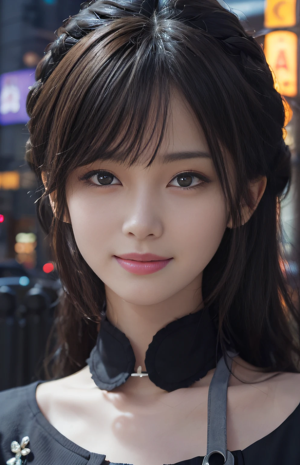 Happy smile when looking at this、masterpiece, 1 beautiful girls, detaileds, top-quality, 超A high resolution, (Realistis: 1.4), OriginalPhotographs, 1Girl, 电影灯光, a smile, japanes, Asian beauty,, Proper, very extremely beautiful, Beautiful skins, slender, cyberpunk backgrouns, (A hyper-realistic), (illustratio), (hight resolution), (8K), (ighly detailed), (The best illustrations), (beautifully detailed eyes), (ultra-detailliert), (wall-paper), (详细的脸), looking at the viewers, fine detailed, A detailed face、deep-shadows、Unobtrusive、pureerosfaceace_v1、a smile、46-point diagonal bangs、Facing straight ahead、Blue fashionable clothes、Black colored eyes、