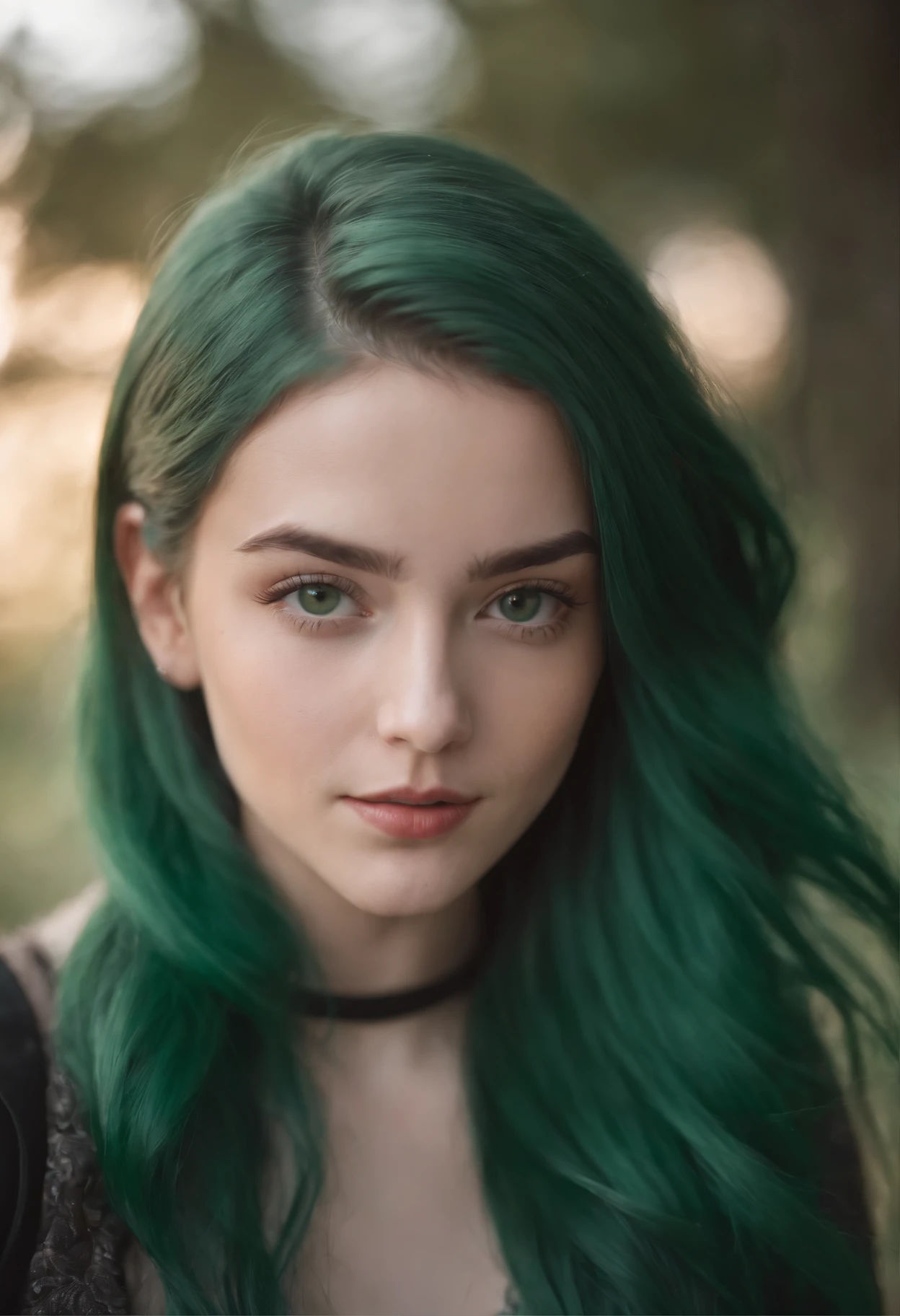 Dilara, the 21-year-old icelandic girl with emerald green hair flowing in the wind, she has a cute oval face,selfie