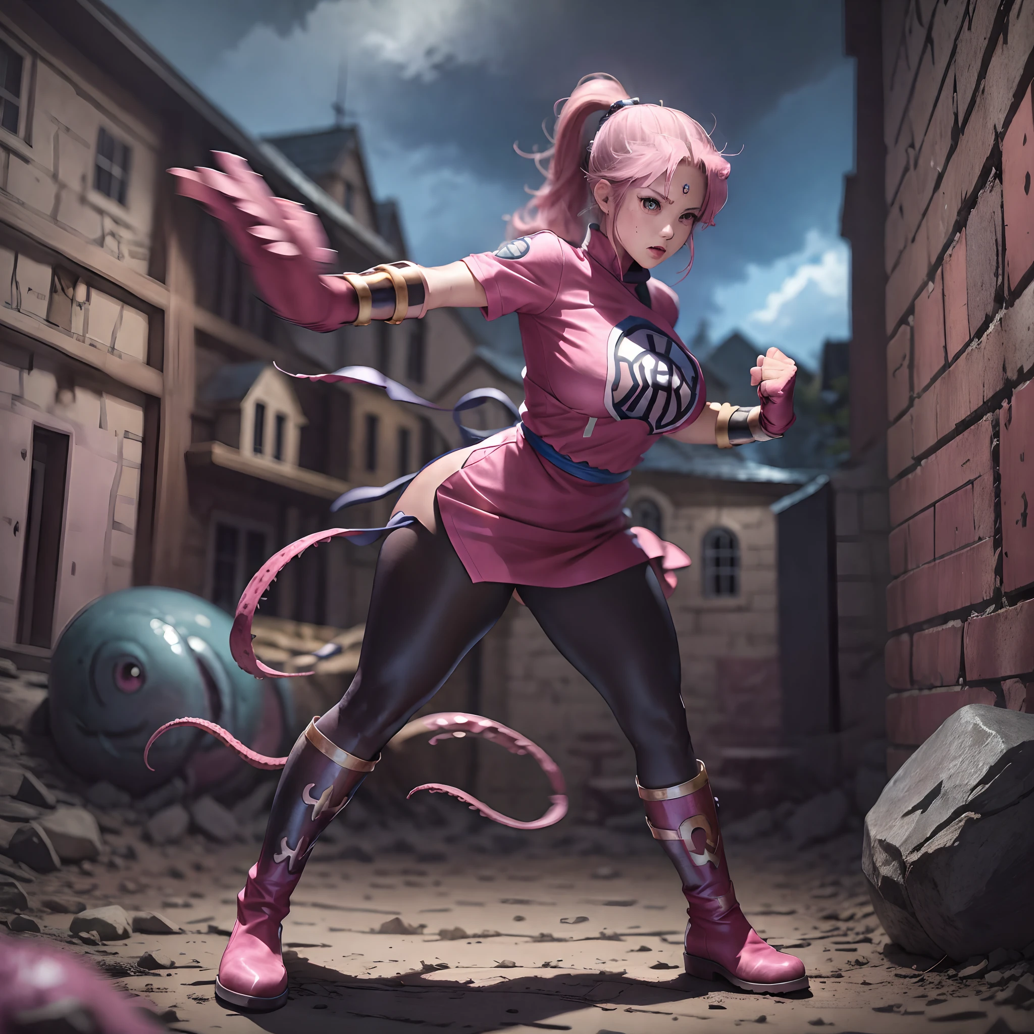 (masterpiece:1.1, Best Quality:1.1), hold fists, (Maam, Dragon quest), 1girl in, Solo, (ultra gigantic breasts:1.55, Pink hair, Fingerless gloves:1.15, Pink gloves:1.3, Pink Martial Arts Uniform:1.3, long boots), (Fight with tentacle monsters:1.8, kick pose, In a stone house:1.3), dark atmosphere,