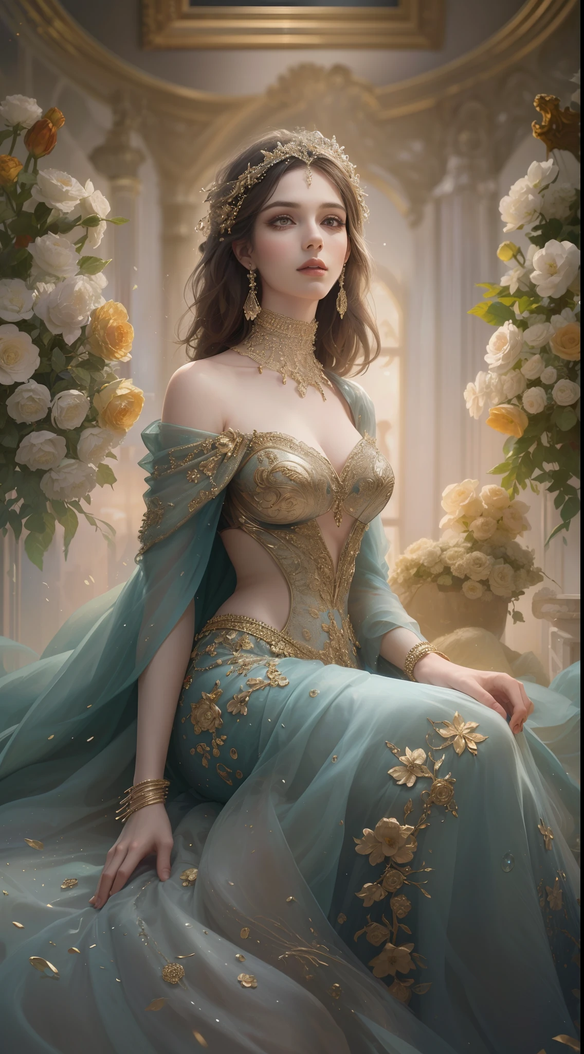 (Best quality,8K,A high resolution,Masterpiece:1.2),Ultra-detailed,(Realistic,Photorealistic,photo-realistic:1.37),Portrait,Creative style artwork,Historical,classical,Sophisticated,plethora of colors,Highly detailed,Soft lighting,luxurious environment,detailed gown,Vibrant flowers,detailed jewellery,Ethereal atmosphere,Elegant Pose,Graceful curves,Gold body proportions,Flowing hair,Breathtaking textile patterns,Harsh purple eyes,Delicate floral decoration,A dazzling array of crystal accessories,Mysterious and dreamy atmosphere,Impeccable attention to detail.