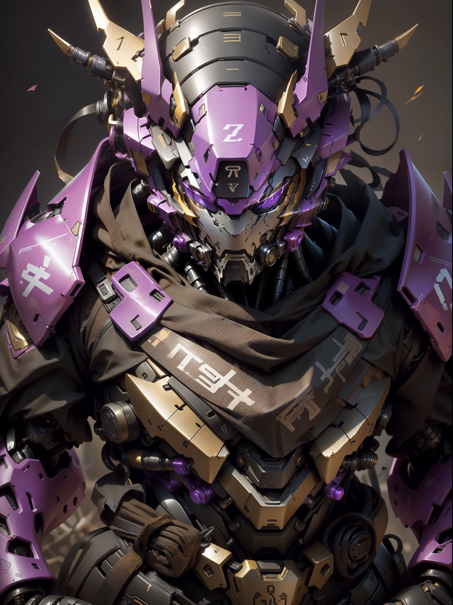 Dark fantasy_close up devil samurai mech mechanical demon robotic parts in head transparent plastic cover head, high-resolution purple and yellow 1.1, tactical suit, techwear, mech details, techwear helmet