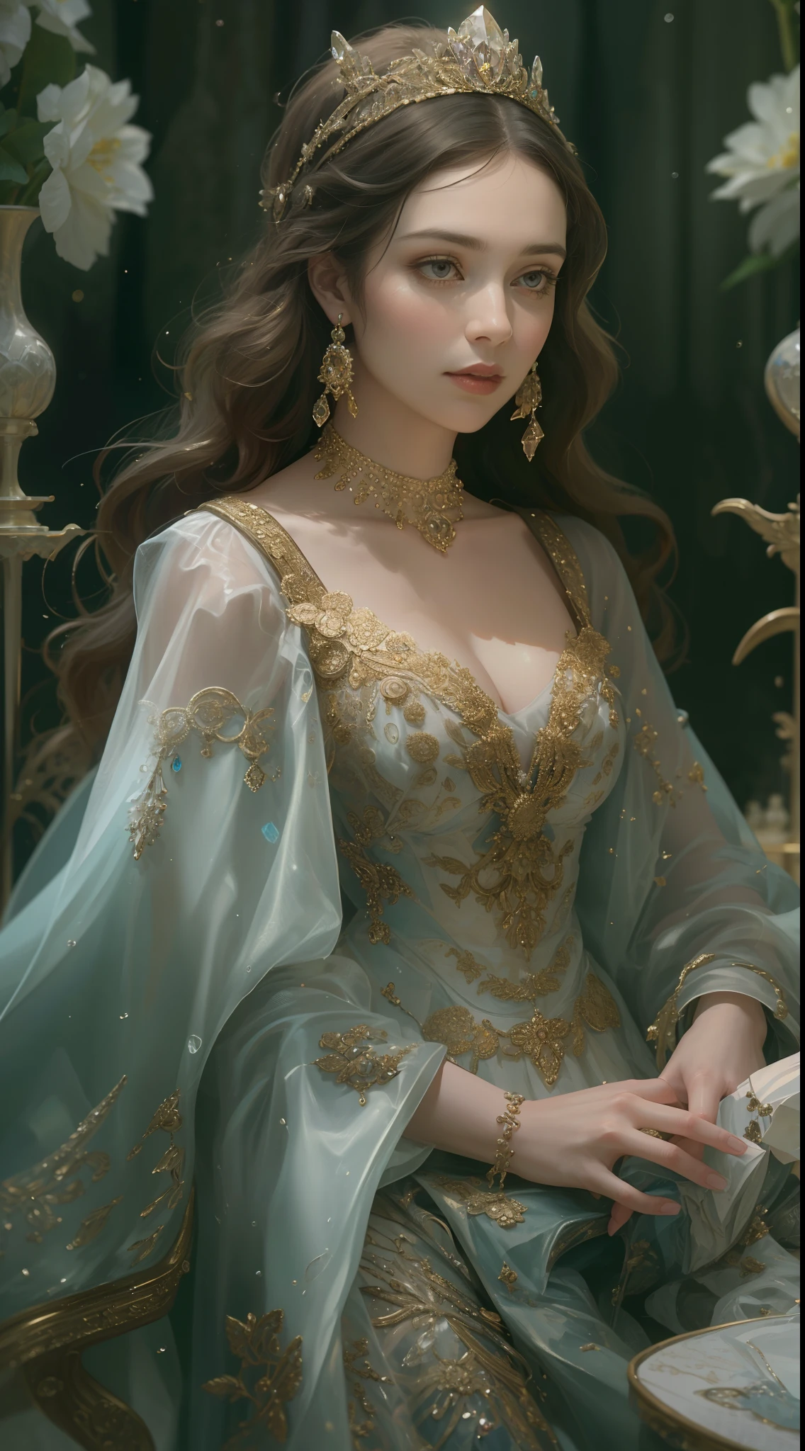 (Best quality,8K,A high resolution,Masterpiece:1.2),Ultra-detailed,(Realistic,Photorealistic,photo-realistic:1.37),Portrait,Creative style artwork,Historical,classical,Sophisticated,plethora of colors,Highly detailed,Soft lighting,luxurious environment,detailed gown,Vibrant flowers,detailed jewellery,Ethereal atmosphere,Elegant Pose,Graceful curves,Gold body proportions，Flowing hair,Breathtaking textile patterns,Harsh purple eyes,Delicate floral decoration,A dazzling array of crystal accessories,Mysterious and dreamy atmosphere,Impeccable attention to detail.