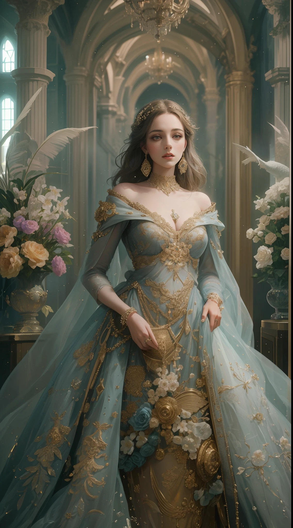 (Best quality,8K,A high resolution,Masterpiece:1.2),Ultra-detailed,(Realistic,Photorealistic,photo-realistic:1.37),Portrait,Creative style artwork,Historical,classical,Sophisticated,plethora of colors,Highly detailed,Soft lighting,luxurious environment,detailed gown,Vibrant flowers,detailed jewellery,Ethereal atmosphere,Elegant Pose,Graceful curves,Gold body proportions，Flowing hair,Breathtaking textile patterns,Harsh purple eyes,Delicate floral decoration,A dazzling array of crystal accessories,Mysterious and dreamy atmosphere,Impeccable attention to detail.