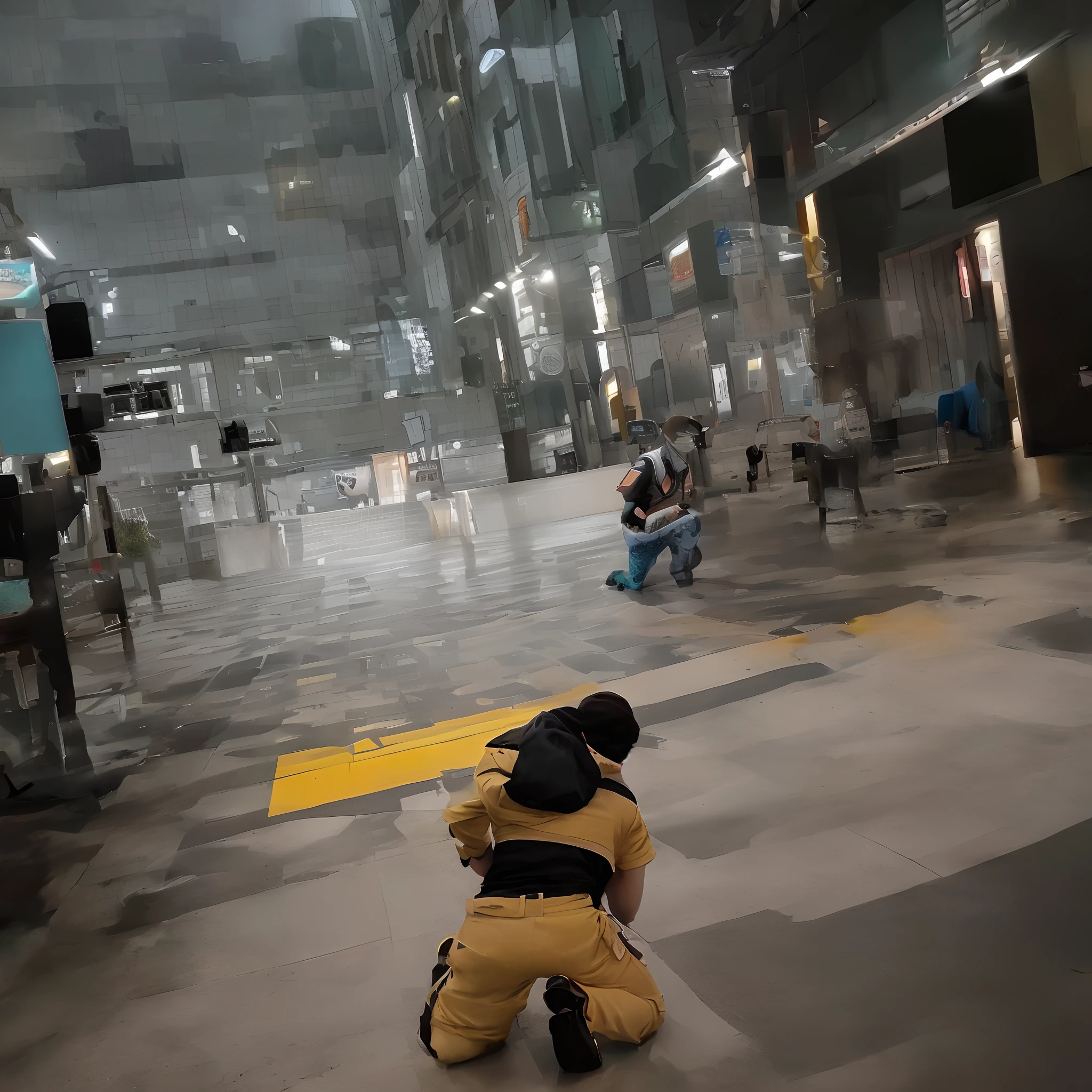 Um homem,kneeling down on the floor, com uma cruz grande ao fundo,com raios dourados neon vindos do alto