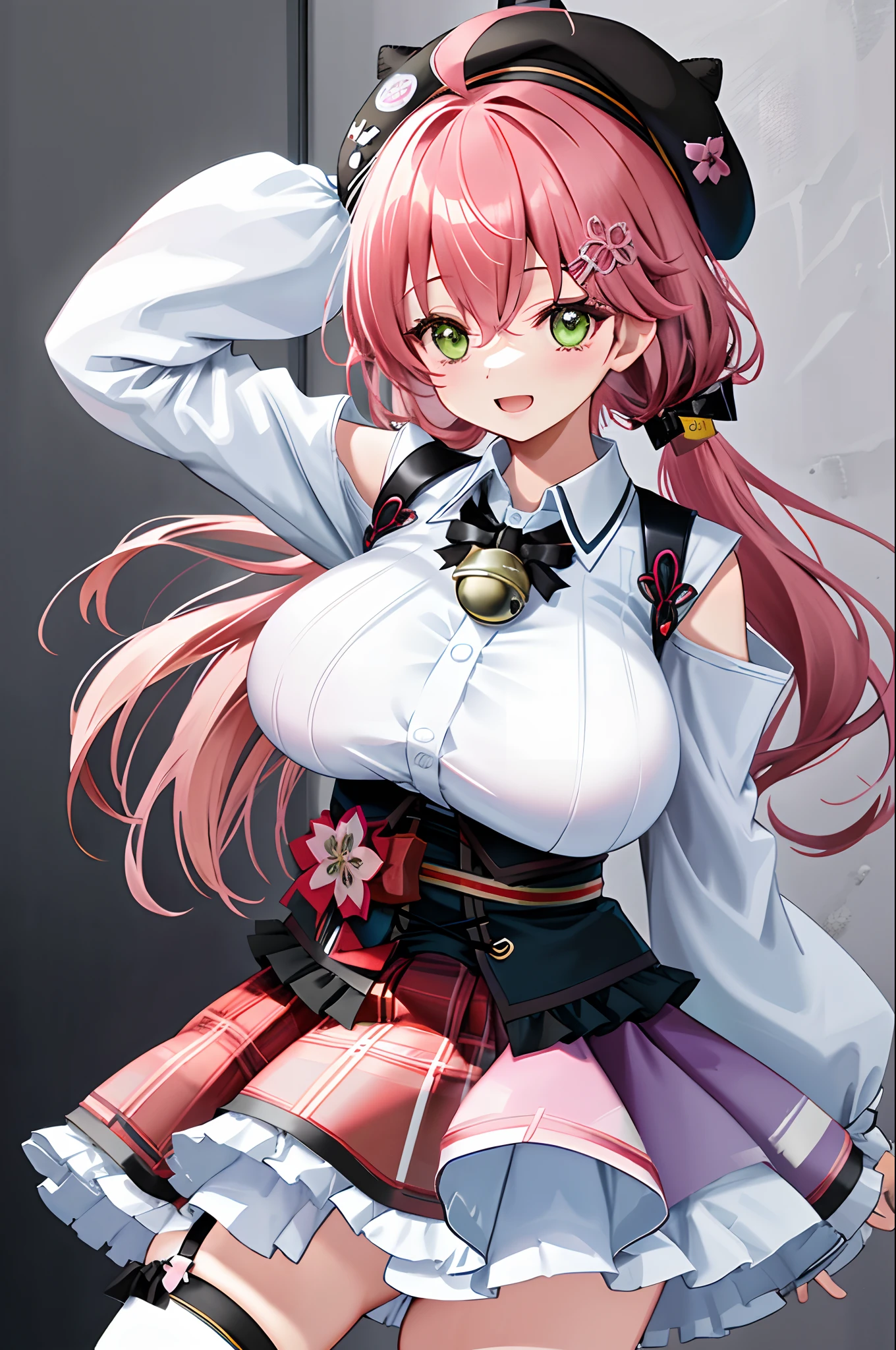 masutepiece, Best_Quality, hight_resolution, miko2,Ponytail, 1girl, Green eyes, Ahoge, black headwear, Hair Ornament, White shirt, black thighhighs, Pink hair, Red_skirt, very_short_skirt, plaid skirts, garter_strap, Collared shirt, hair clips, frilld, Bangs, hair between eye, frills skirt, beret, Pleated skirt, Hair Flower, Neck bell, , puffy long sleeves, Black bow, Underbust, Cowboy Shot,Smile, (gigantic_breasts:1.3),covered_nipples, covered_pussy,close_eyes, happy, childlike_posing,spread_legs,smile,