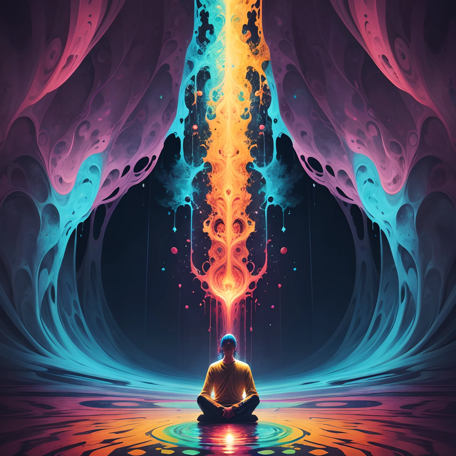 man chanting mantra in waterfall, abstract art, psychedelic coloring, lsd trippy, hallucination, enlightment came falling down