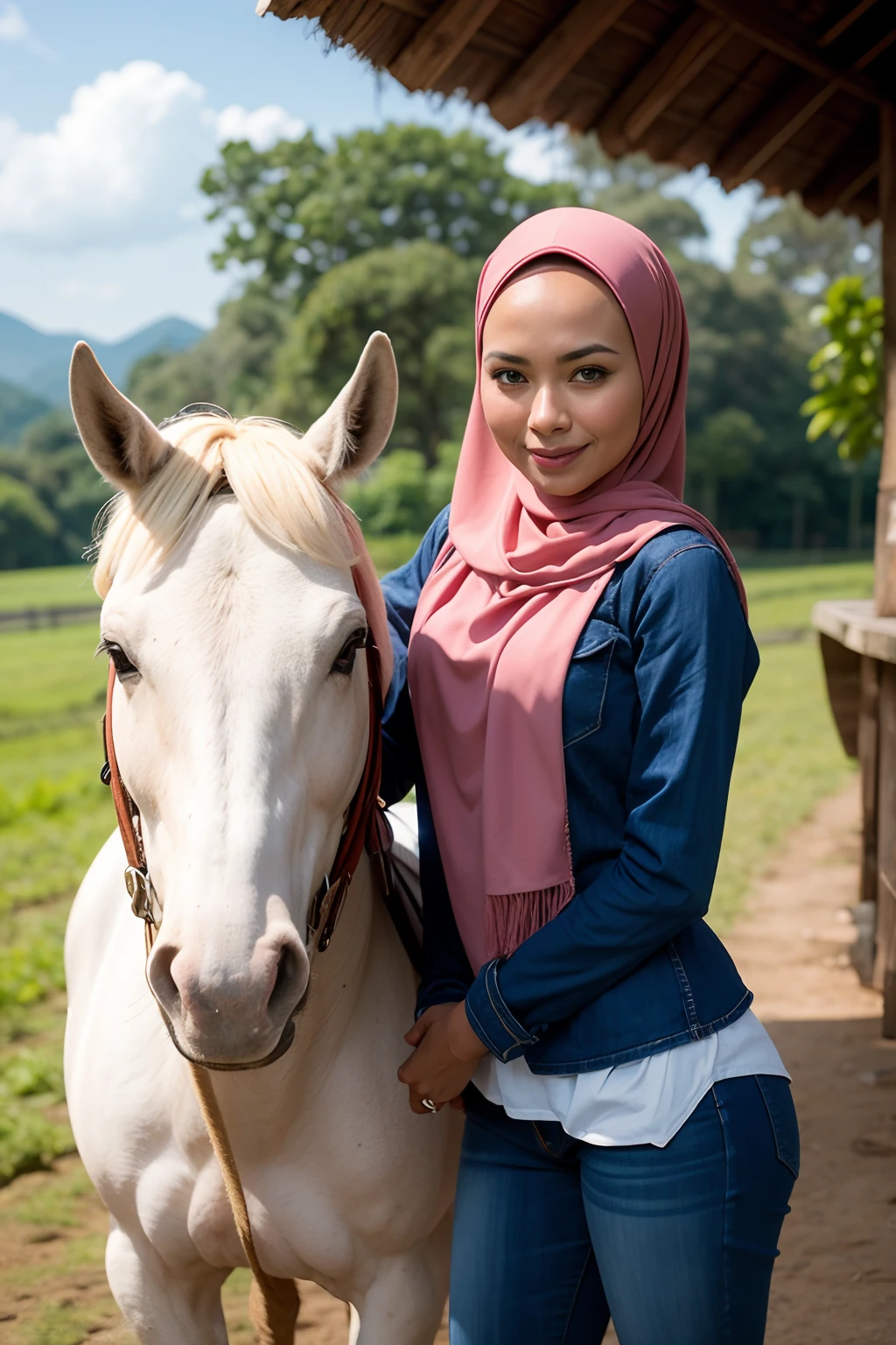 On a farm, beautiful malay woman, blue eyes, wear hijab, full lips, intelligent, wearing jeans and a leather jacket, mounted on a white horse. --seed 845406844