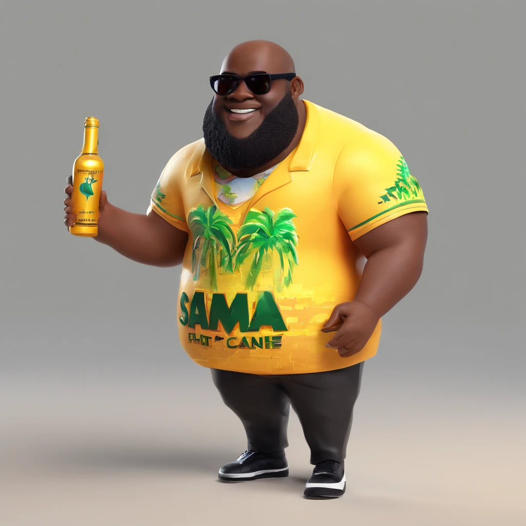 /imagine a fat, bald black man, smooth face, sunglasses, singing samba with a Brazilian tropical t-shirt and microphone in his hand, several different positions and clothes