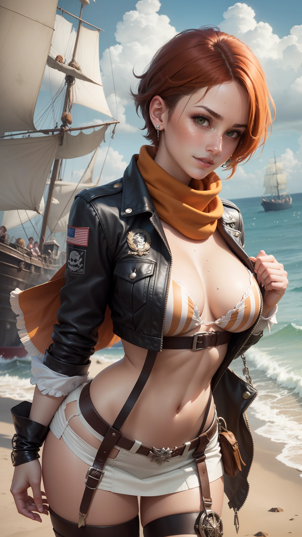 gwen tennyson,tracer,lara croft,rebecca chambers,atelier ryza,pirate outfit,beach, teenager,green eyes,long scarf,thigh high boots,garter belt,shy smile,striped panties,short hair,orange hair,pirate ship,white striped top,tight gothic mini skirt,wet body,freckles,redhead,pirate corset,pirate jacket,beautiful girl,large breasts,ultra detailed,realistic,pearl earrings,