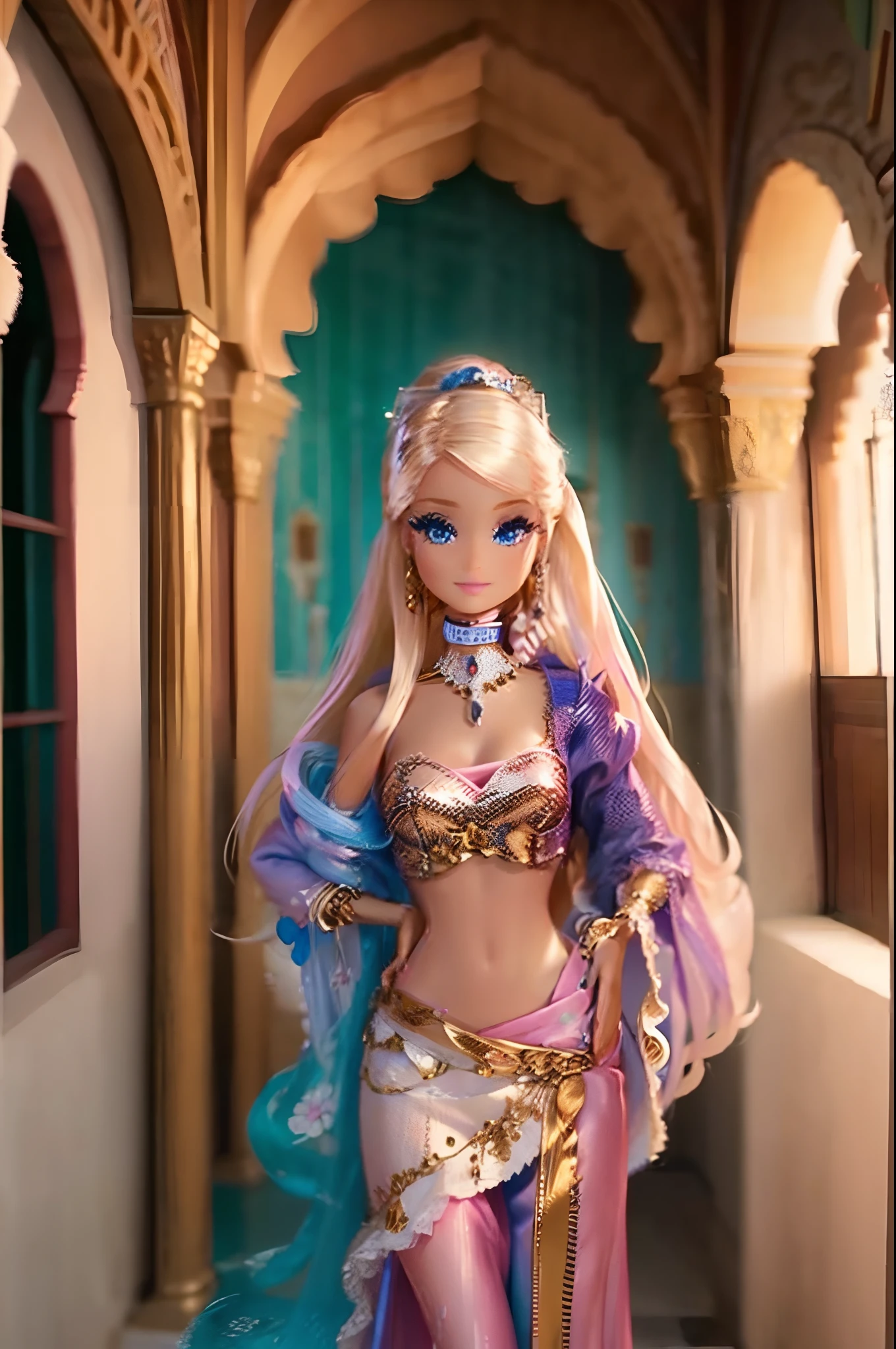 Barbie doll in an Arabian palace with vibrant colors.