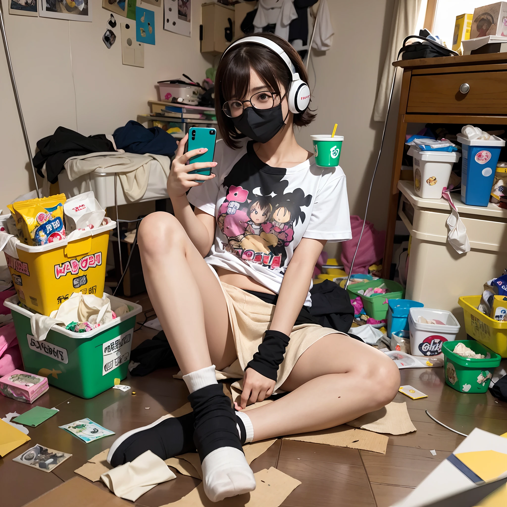 (8K、Raw photography、Top image quality、masterpiece、:1.2)、(realisitic、Photorealsitic:1.37)、女の子1人、独奏、(Sitting on the garbage in an incredibly dirty room、Cute Japan girl operating smartphone:1.4)、Anime Otaku Girls、A dark-haired、short-hair、dishevled hair、Unkempt hair、bangss、Happy expression on face、Small bust、Wearing glasses、Anime Character Print T-Shirt、a miniskirt、head phone、Sitting on the floor、Agra、Room full of garbage、Garbage with rolled tissue、Surrounded by mountains of cartoons、Lots of anime character figures are on display.、Anime poster on the wall、Potato chips on the desk、Spilled potato chips、Roll Energy Drink、Scattering of food waste、Messy room、Underwear left undressed on the floor、超A high resolution、physically-based renderingt、cinematlic lighting、dynamic ungle