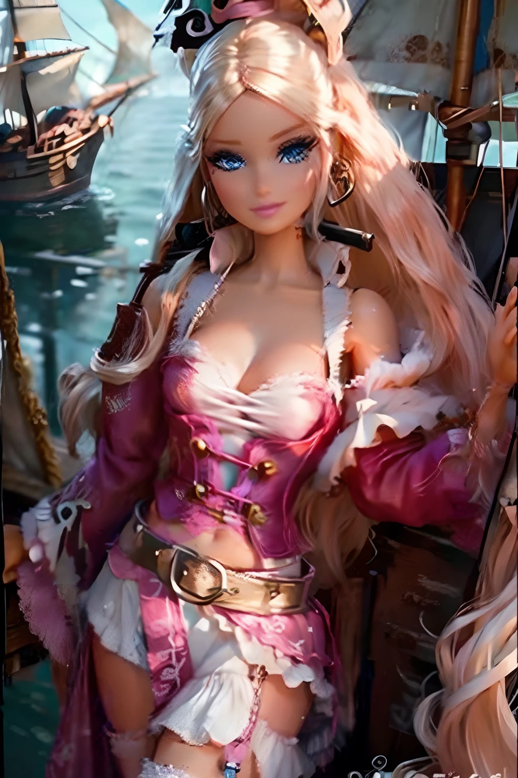Barbie doll as a pirate princess on a ship.