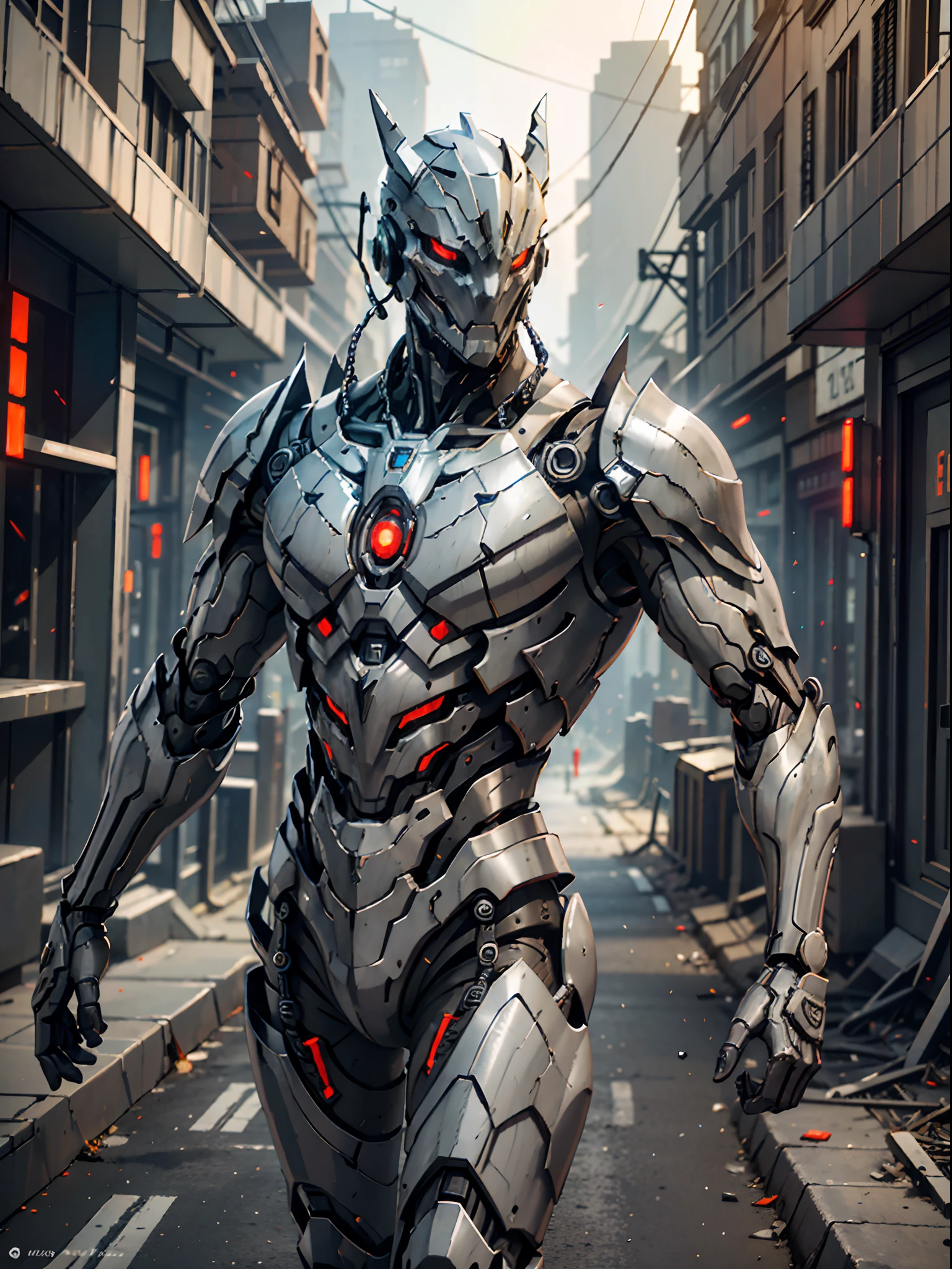 Dark_Fantasy,Cyberpunk,(chain saw,chain saw man,Red:1.1),1man,Mechanical marvel,Robotic presence,Cybernetic guardian, wearing a worn-out mech suit, intricate, (steel metal [rusty]), elegant, clear focus, shot by greg rutkowski, soft lighting, vibrant colors, masterpiece, ((street)), cowboy shot, dynamic pose,