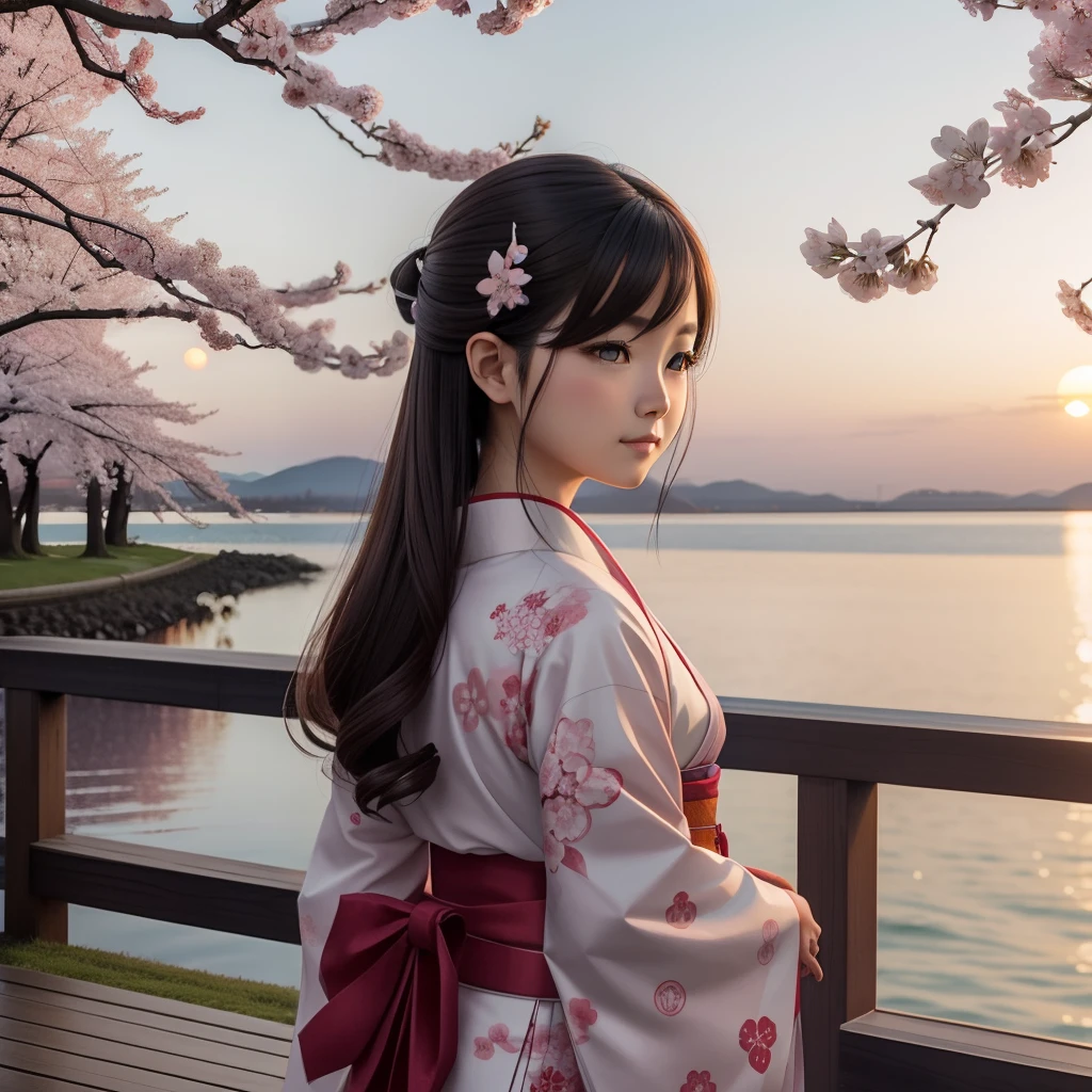 a beautiful sunrise, cherry blossoms, kitsune girl wearing kimono