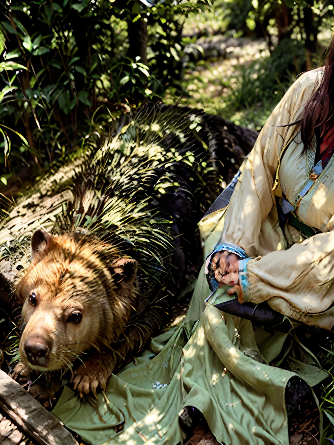 there is a woman kneeling down petting a large animal, capybaras in tokyo, capybara, real picture taken in zoo, 🦩🪐🐞👩🏻🦳, having a snack, giga chad capaybara, pet animal, screengrab, capybara pirate, omg, ferocious appearance, picture taken in zoo